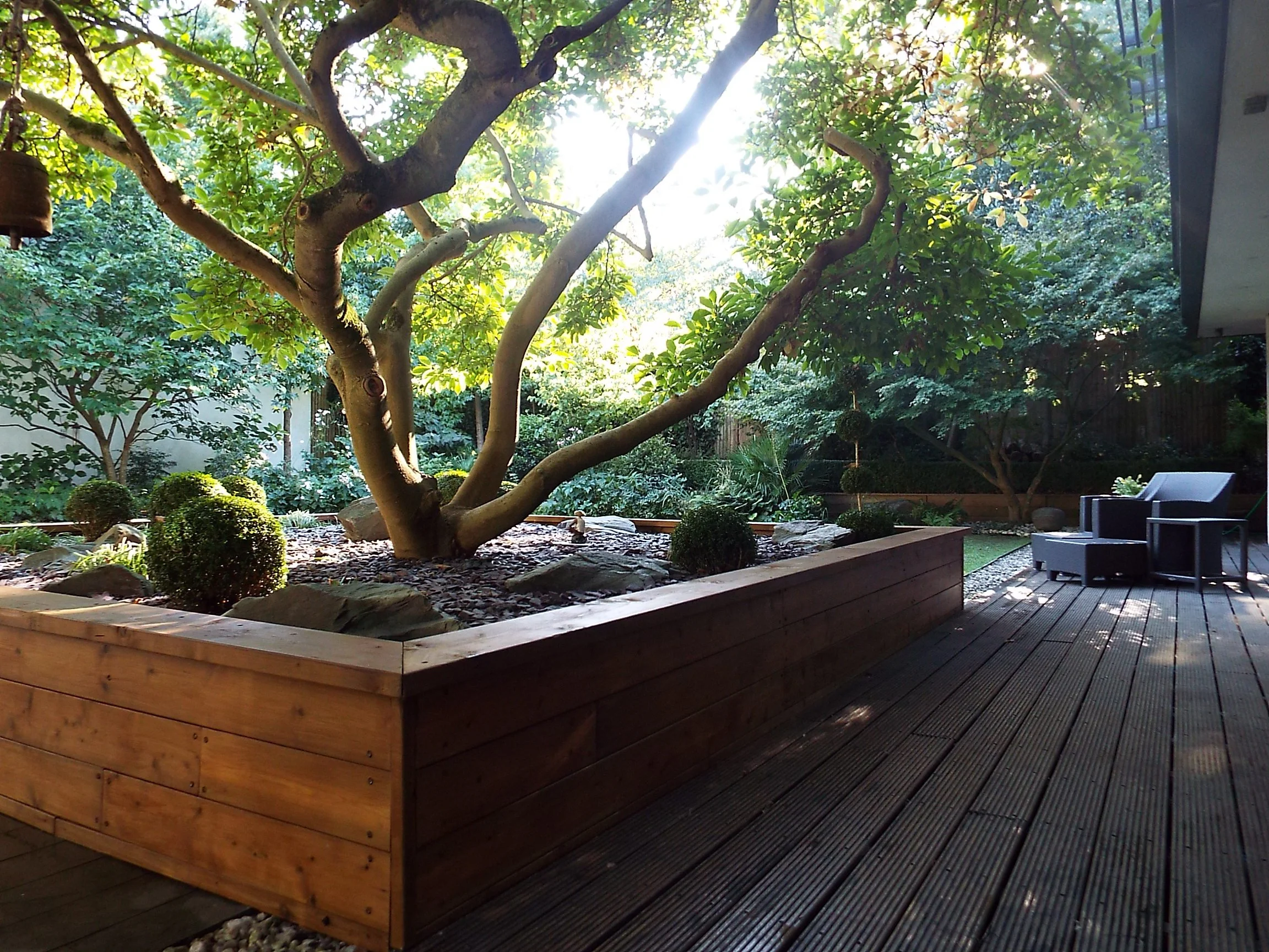 Backyard garden with a tree in a wooden planter, surrounded by green shrubs and plants, wooden patio with chairs, and a wooden fence in the background.