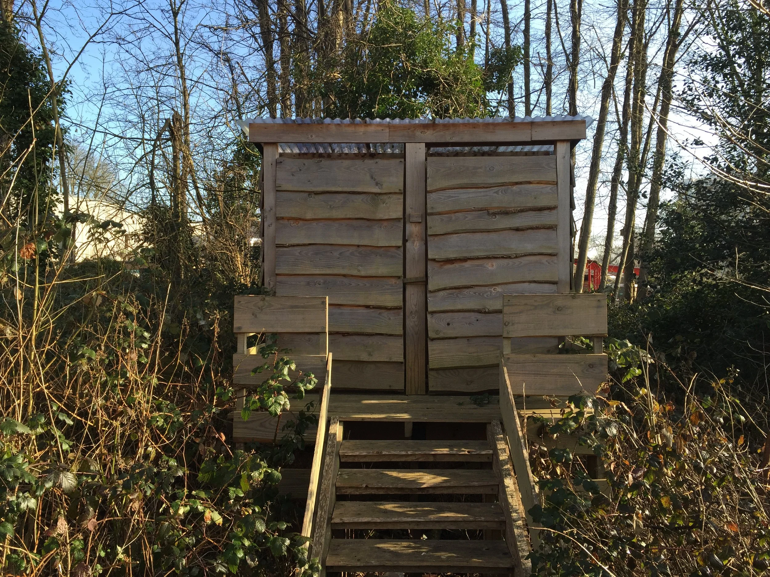 Wooden shed with stairs in a wooded area