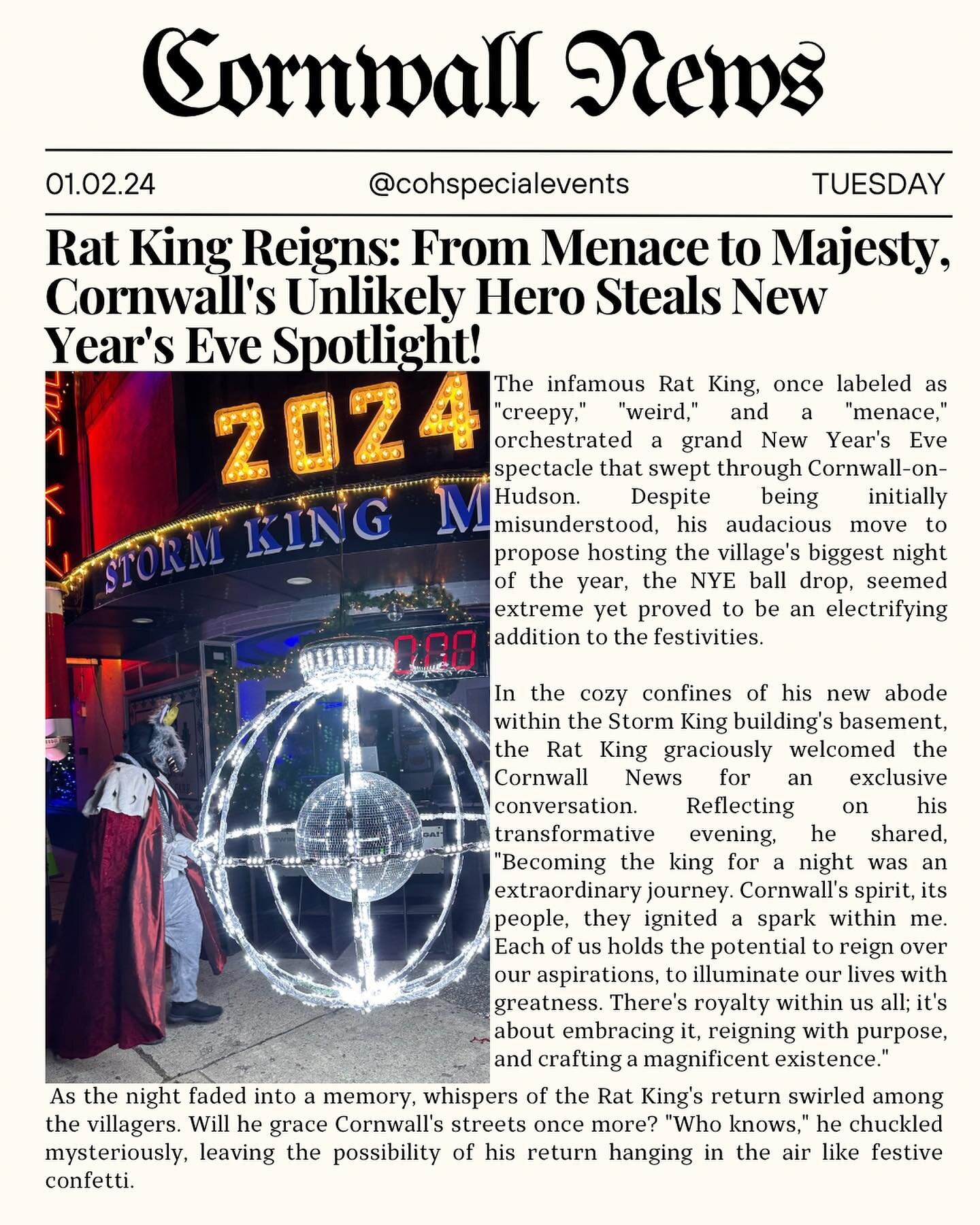 &ldquo;Rat King Reigns: From Menace to Majesty, Cornwall&rsquo;s Unlikely Hero Steals New Year&rsquo;s Eve Spotlight&rdquo;
The infamous Rat King, once labeled as &ldquo;creepy,&rdquo; &ldquo;weird,&rdquo; and a &ldquo;menace,&rdquo; orchestrated a g