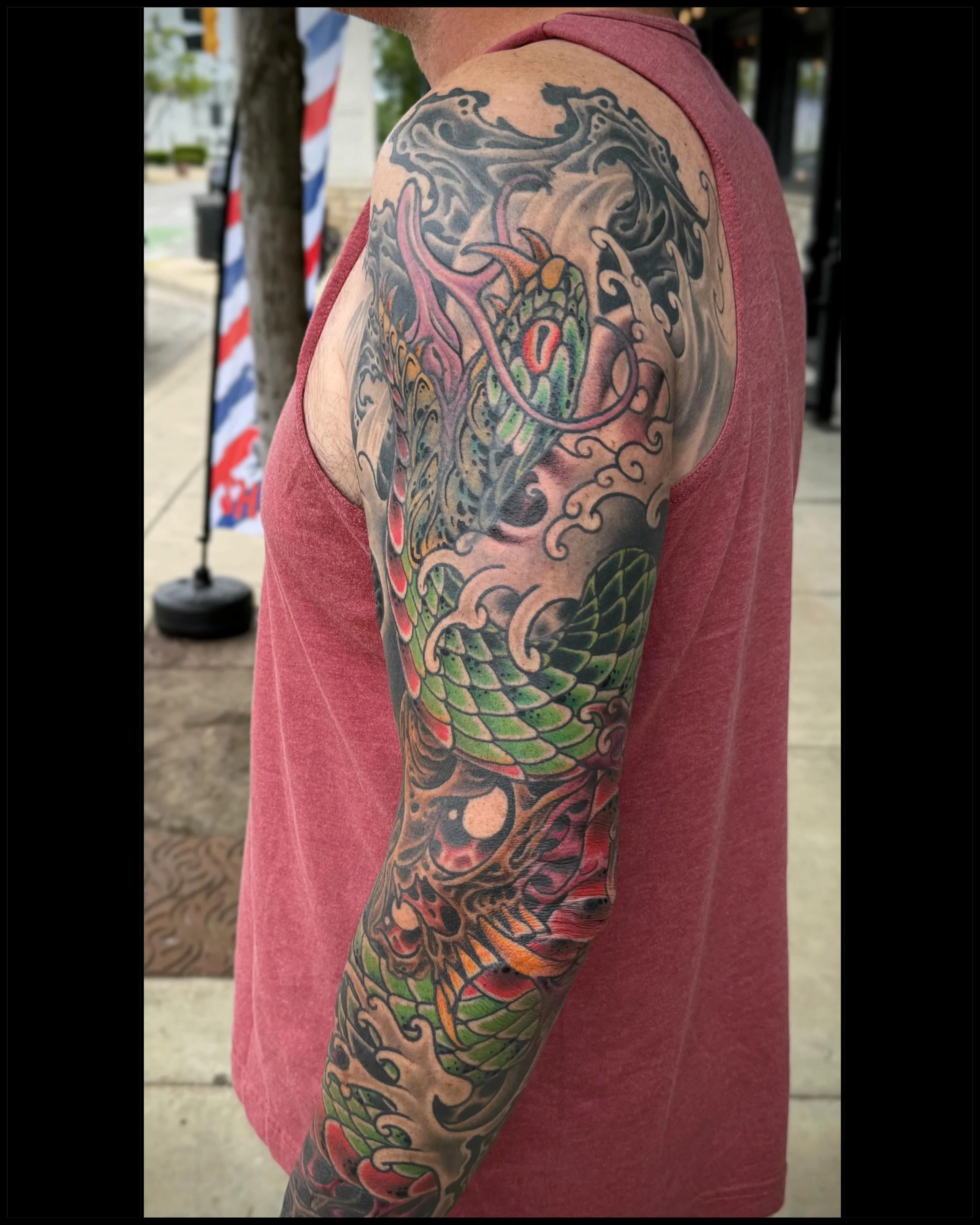 Couple still shots of this sleeve I just finished up&hellip;mostly healed some fresh spots here and there&hellip;this is my favorite type of style to tattoo in&hellip;I&rsquo;ve always got room for these large scale projects, depending on client dedi