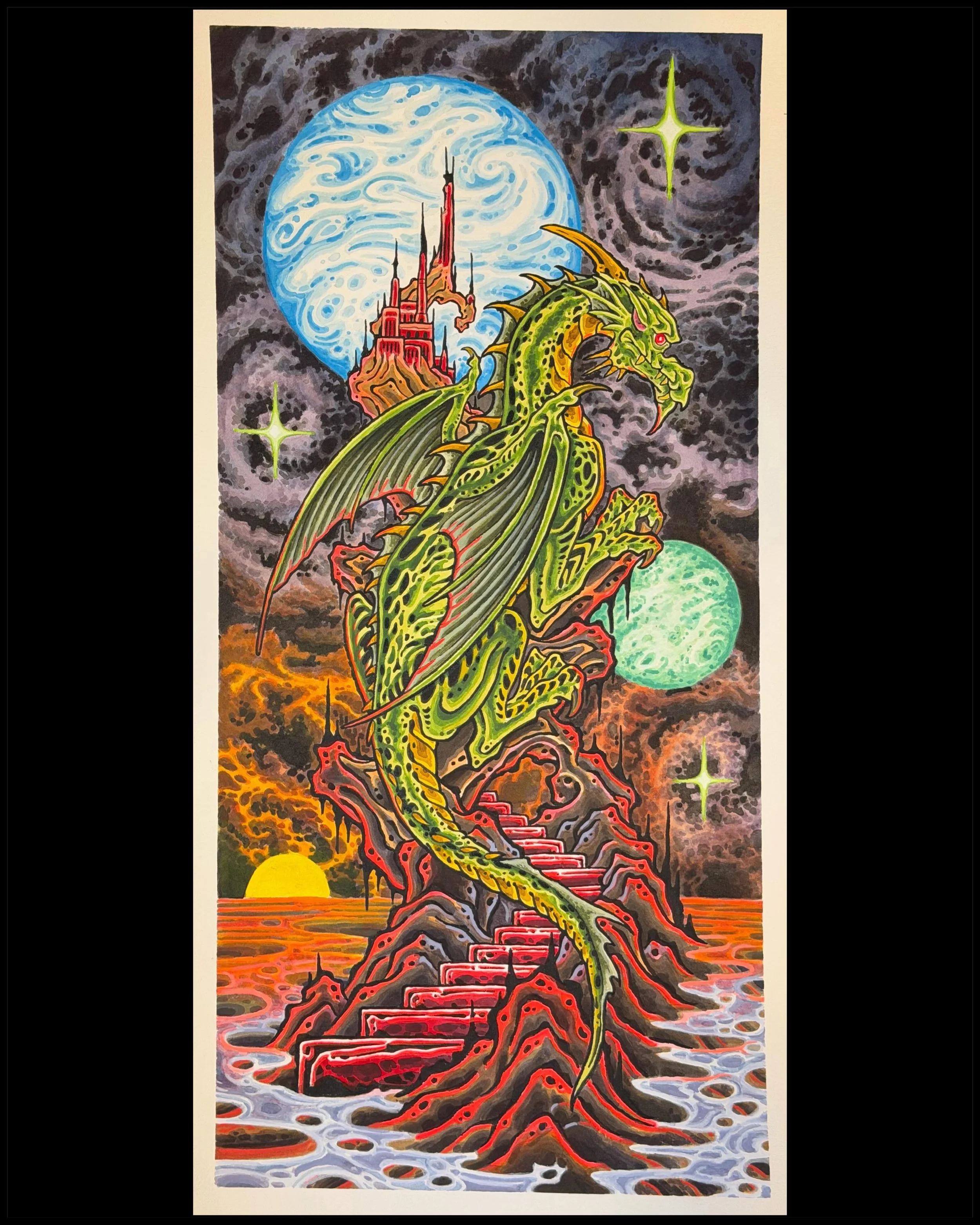 Immortal, left to ponder infinity and the wisdom of the universe for eternity&hellip;or just a dragon on a rock in space&hellip;either way I&rsquo;m calling this one done&hellip;I&rsquo;ll have prints available soon&hellip;swipe to see some stages of