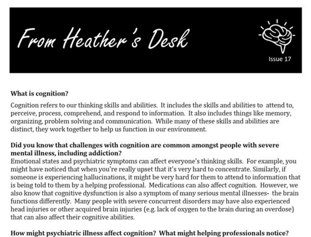 Image of newletter describing challenges in cognition for people experiencing mental health and addiction concerns