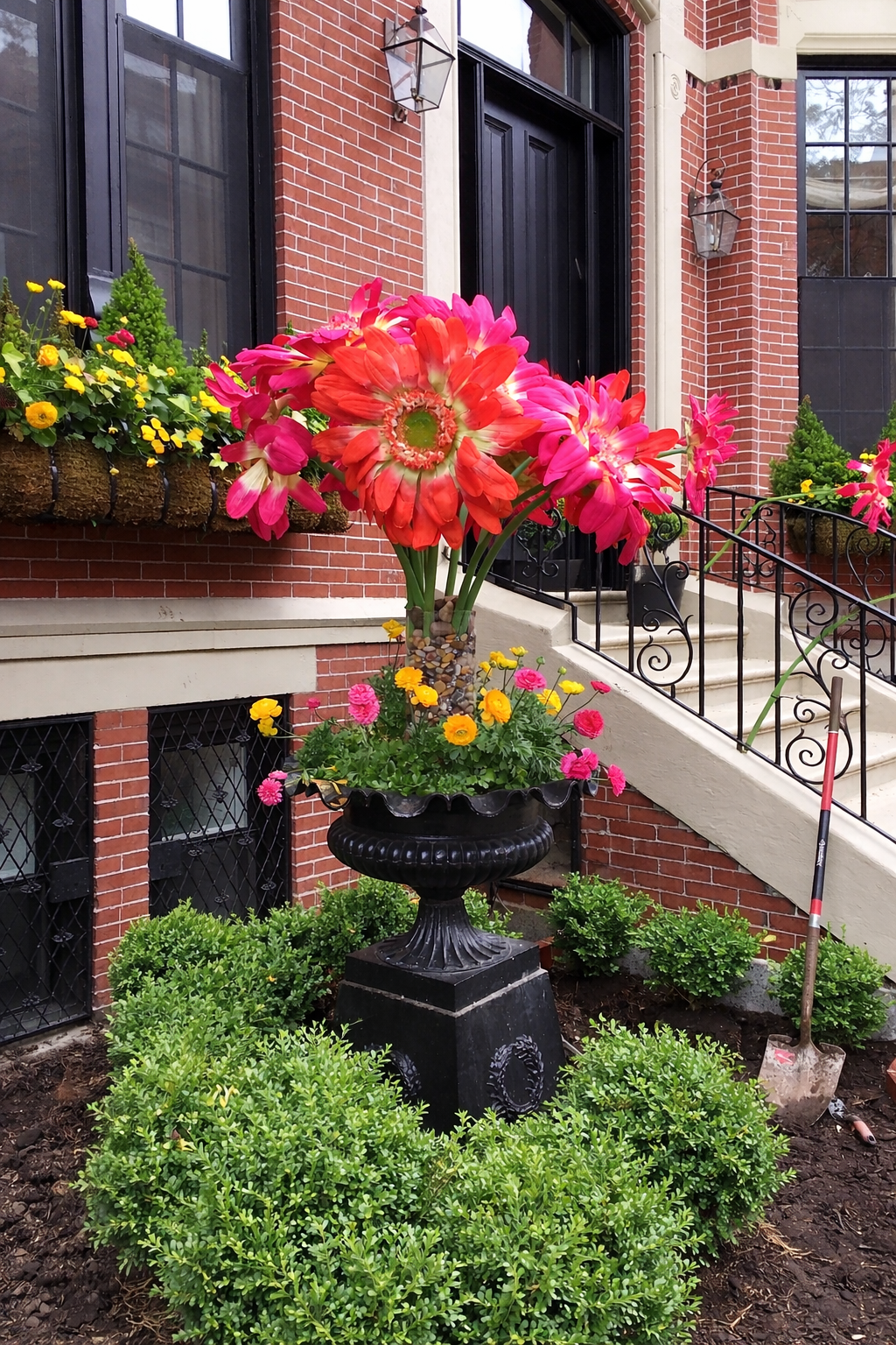 Vibrant flowers by an elegant townhouse.png