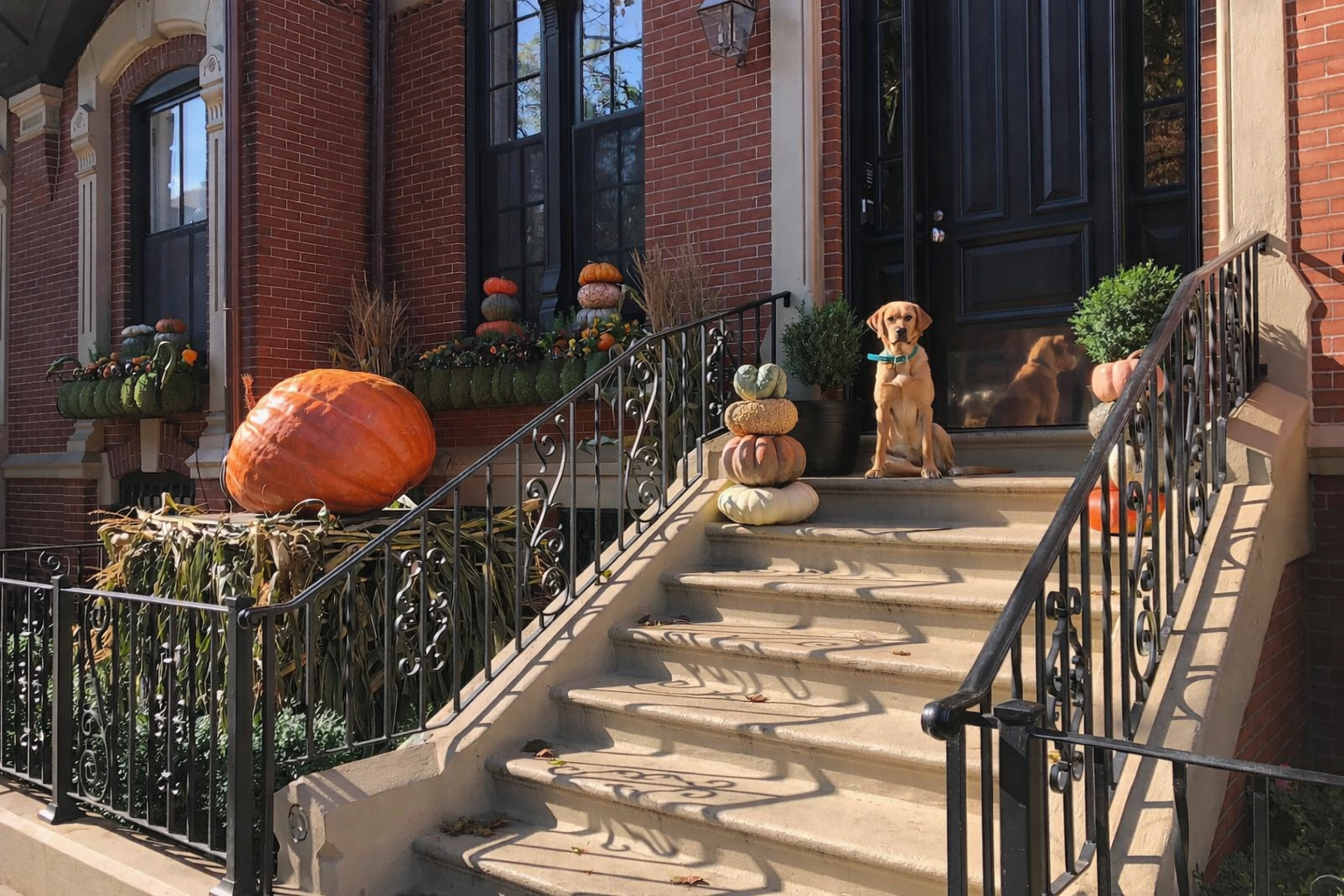 Autumn scene with pumpkins and dog.png