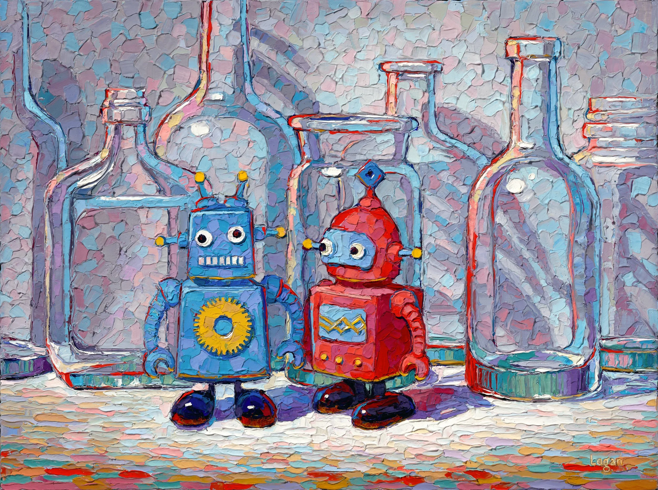 Robots Blue & Red with Bottles • 12" x 16"