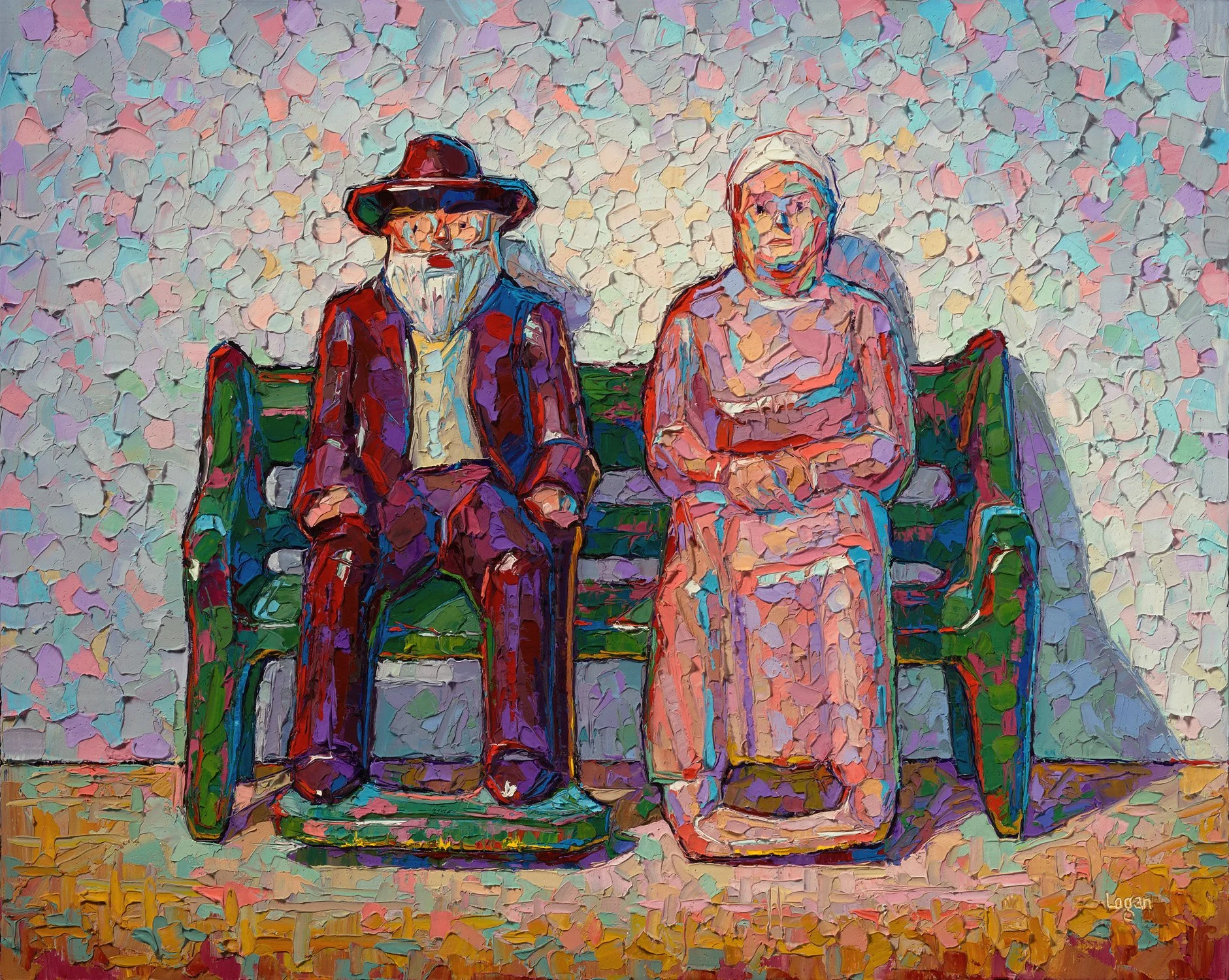 Grey Iron Couple on Bench • 16" x 20" • oil on canvas