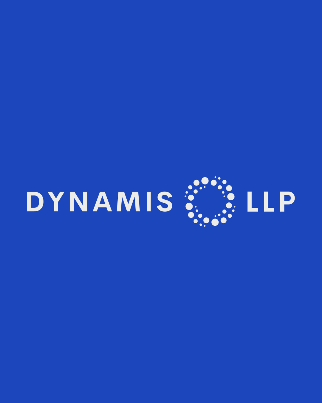 Dynamis LLP white logo on blue background