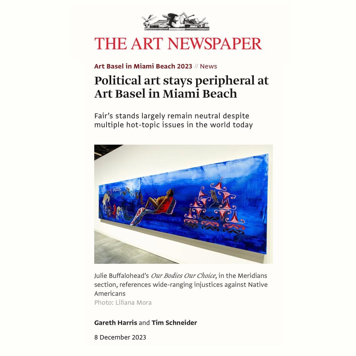 Thank you to Tim Schneider @the_graymarket for tapping me for his article in The Art Newspaper @theartnewspaper.official, &ldquo;Political Art Stays Peripheral at Art Basel in Miami Beach.&rdquo; 

You can find my quote above and read the full articl