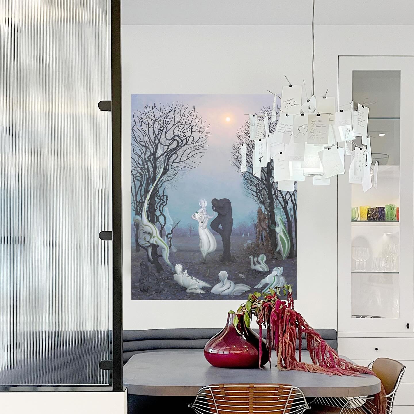 Beautiful day in NYC today, a harbinger of the seasonal shift underway, and reminding us of Inka Essenhigh&rsquo;s &ldquo;Predawn in Early Spring&rdquo; installed in our clients&rsquo; Tribeca loft. With additional &ldquo;transitional&rdquo; painting