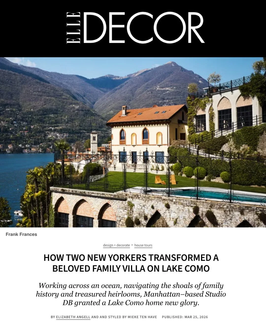 Congratulations to the wildly talented Studio DB for the inclusion of their Italian project in the pages of Elle Decor this month, and to the dream team they assembled for it. I am honored to have been a part of this and to have watched it come toget