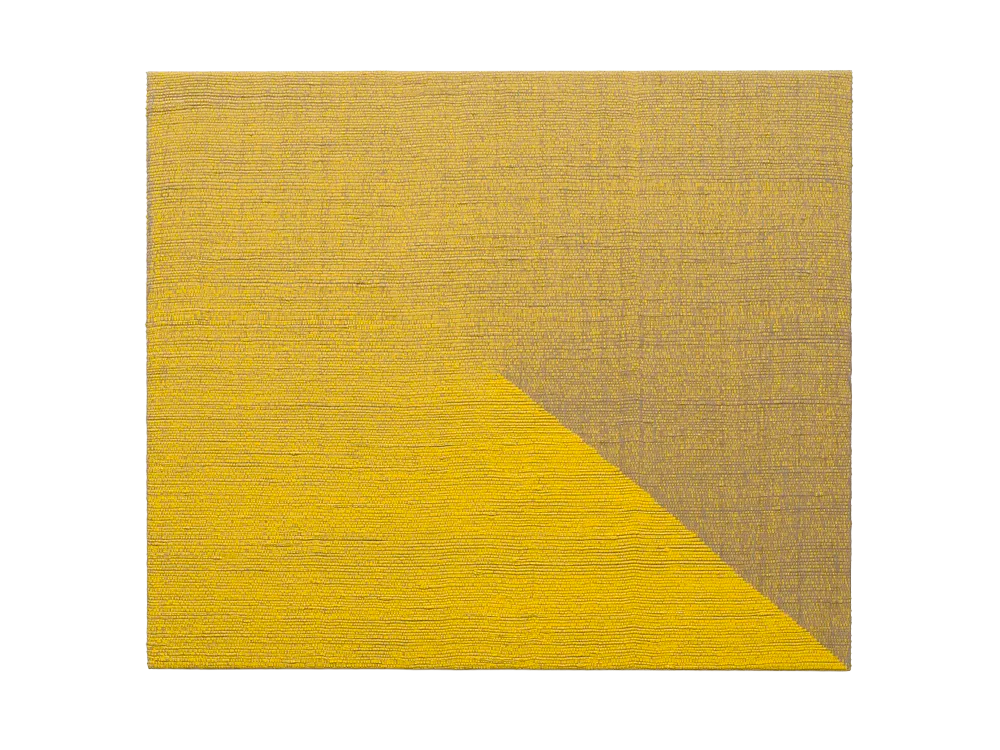  ANALIA SABAN  Woven Angle Gradient as Weft, Cadmium Yellow Medium (315  ° ) , 2024 Woven acrylic paint and linen thread on panel 