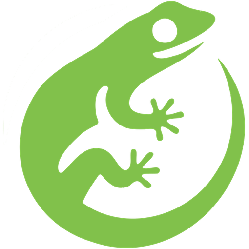 Green gecko logo with a simple and stylized design.