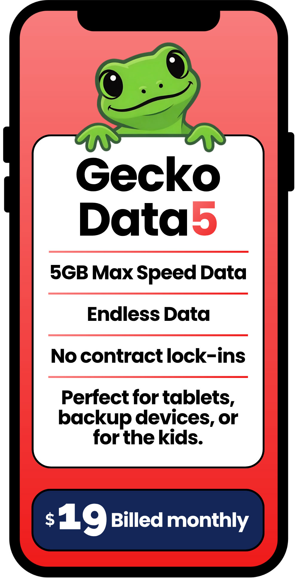Graphic of a gecko holding a sign promoting data plan with 5GB max speed, endless data, no contract lock-ins, cost of $19 billed monthly, and an image of a smiling green gecko at the top.