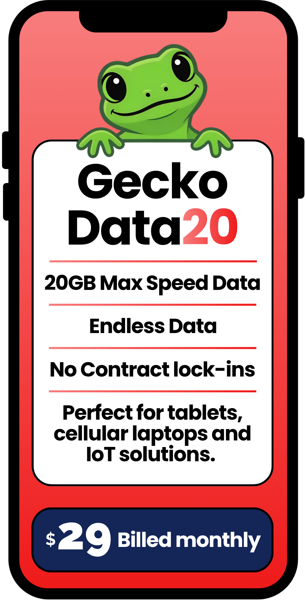 A cartoon green gecko peeking over a sign with text advertising a mobile data plan for $29 a month, offering 20GB max speed data, endless data, no contract lock-ins, and suitability for tablets, laptops, and IoT devices.