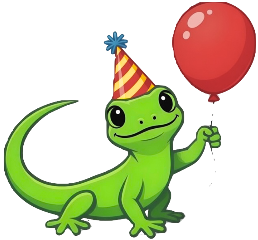 Cartoon green lizard wearing a birthday hat and holding a red balloon.