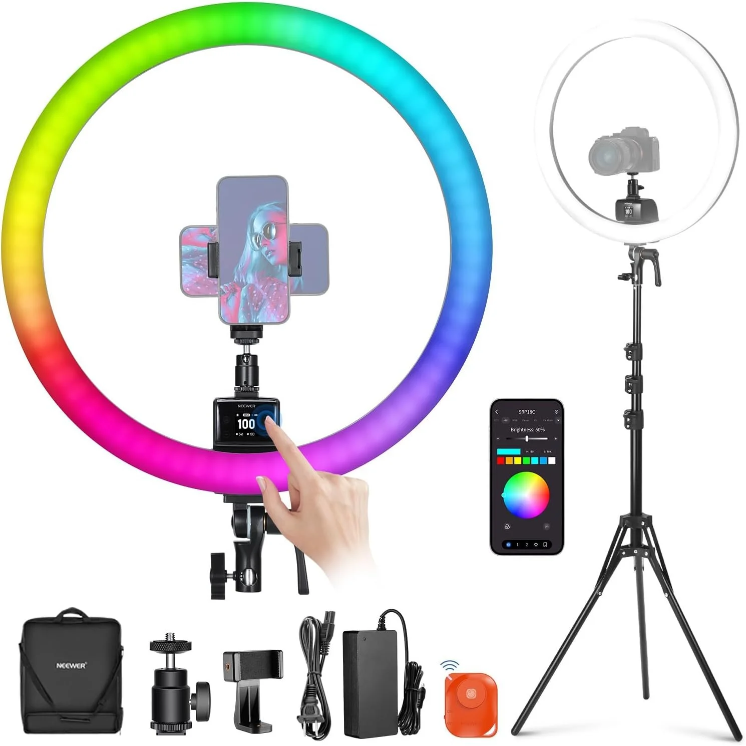 Aro de luz LED RGB NEEWER RGB18 II de 18 pulgadas control App cámara y smartphone