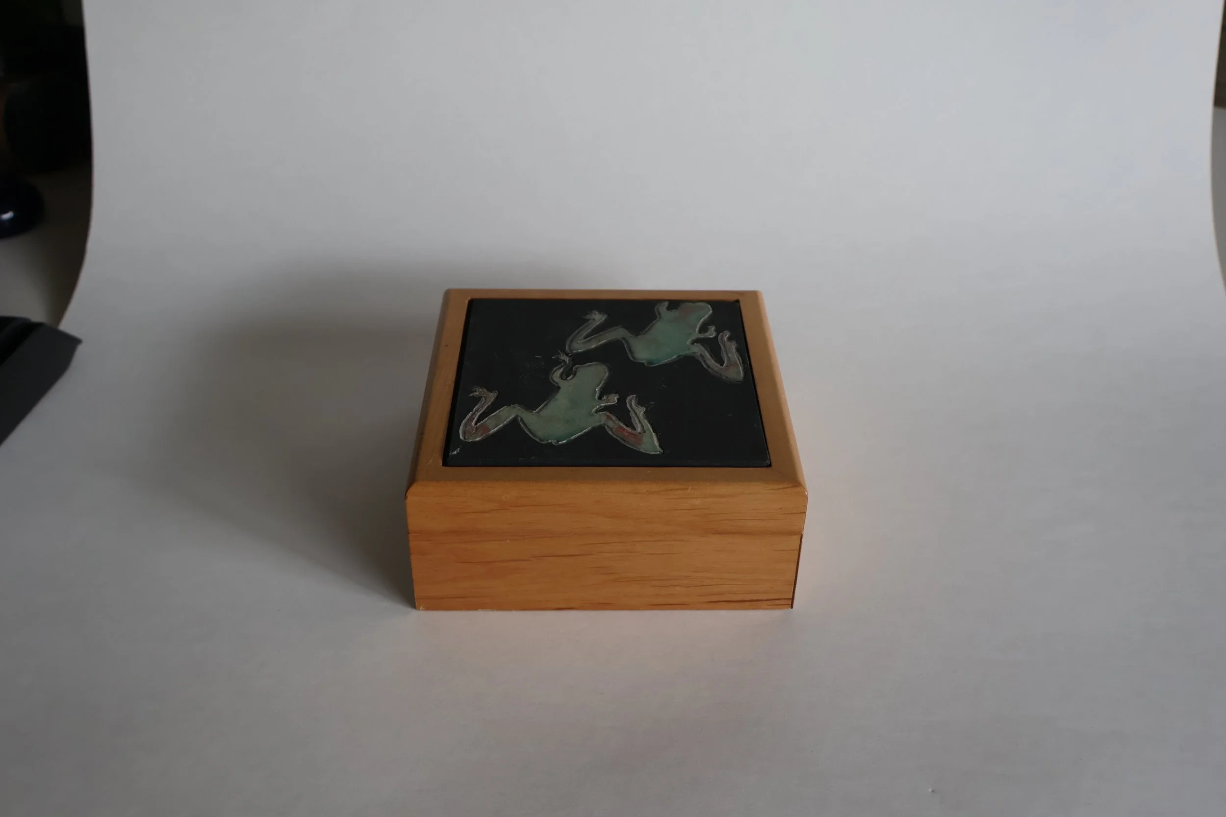 Folk Art Wooden Keepsake Box with Ceramic Frog Lid