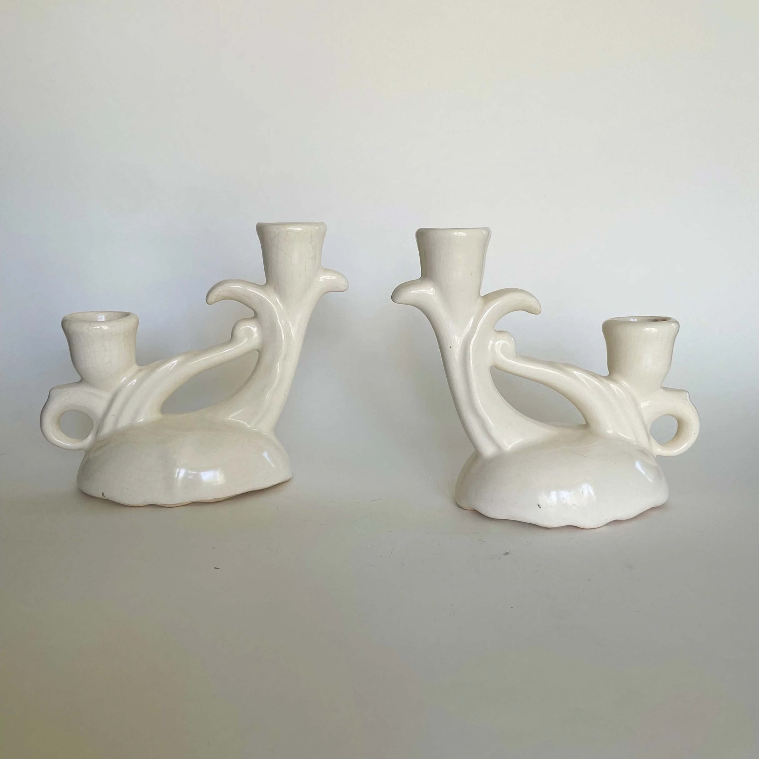 Vintage White Ceramic Double Candlestick Holders