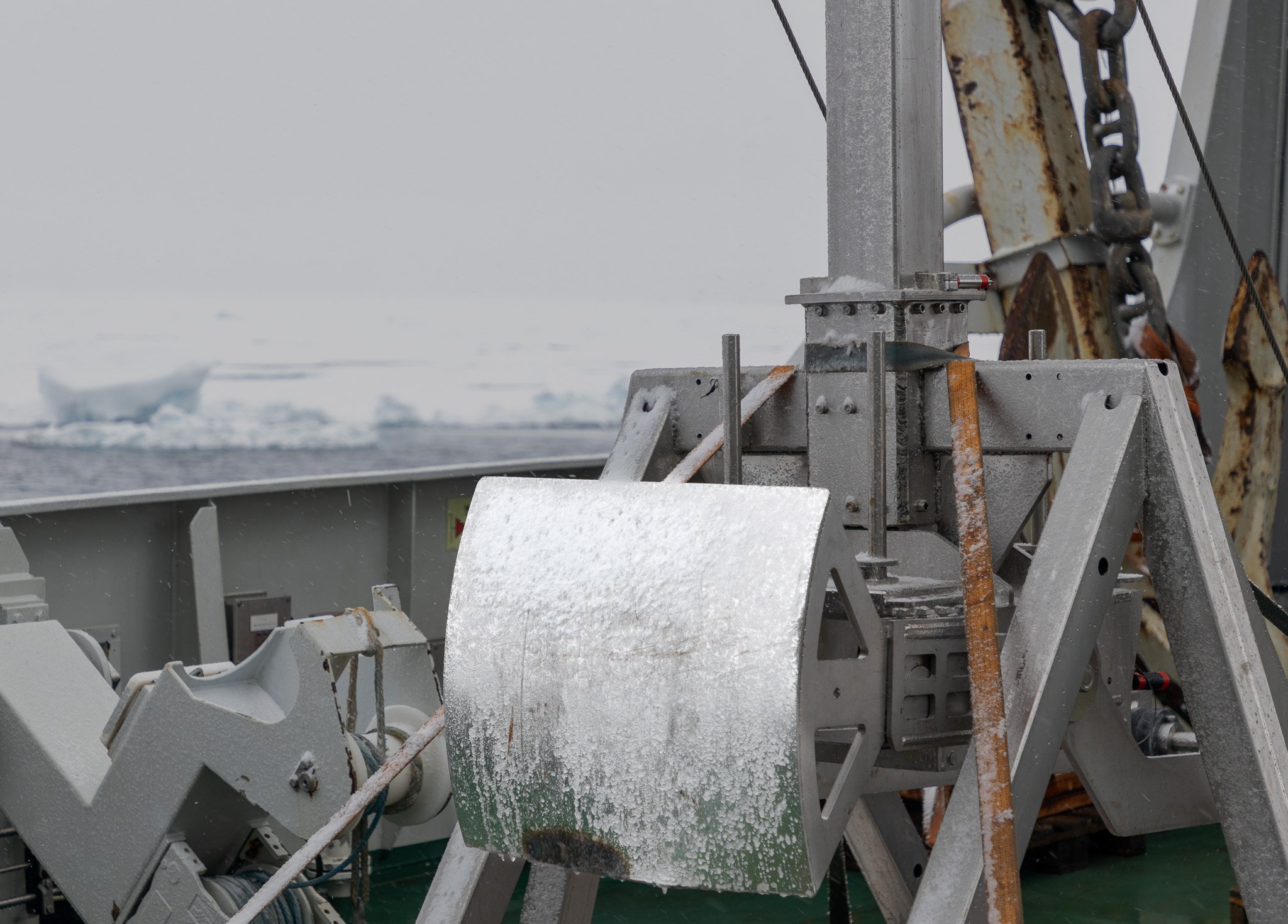 Frost on the box core tool, it would sink to the bottom, and the bottom would be sealed and brought back up to take samples of the sea floor.