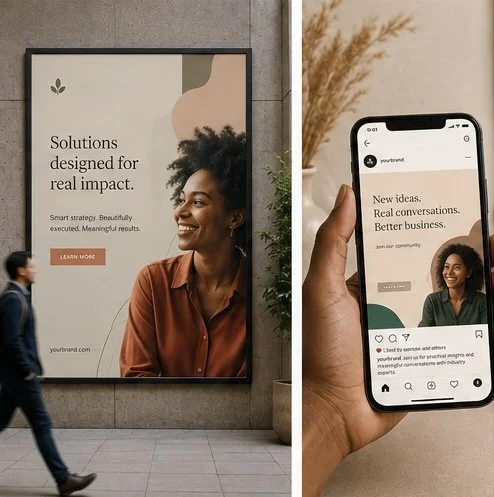 A woman in a brown shirt is smiling in a large outdoor advertisement and on a smartphone screen, both showing the same advertisement for solutions designed for real impact, with a person walking past in the foreground.