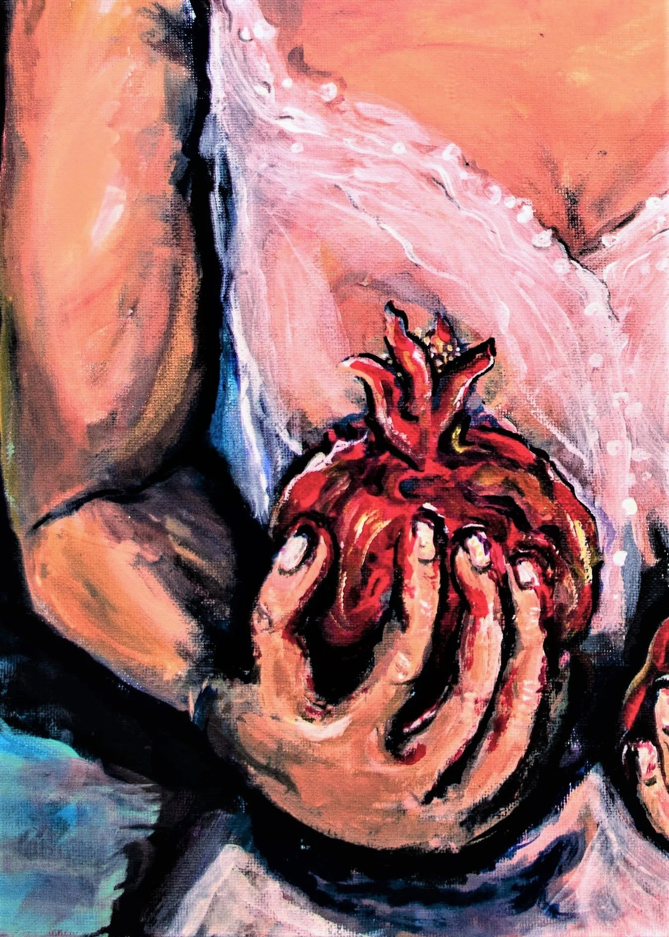 A painting of a person holding a pomegranate. Strong woman art, Local black artists in Denver