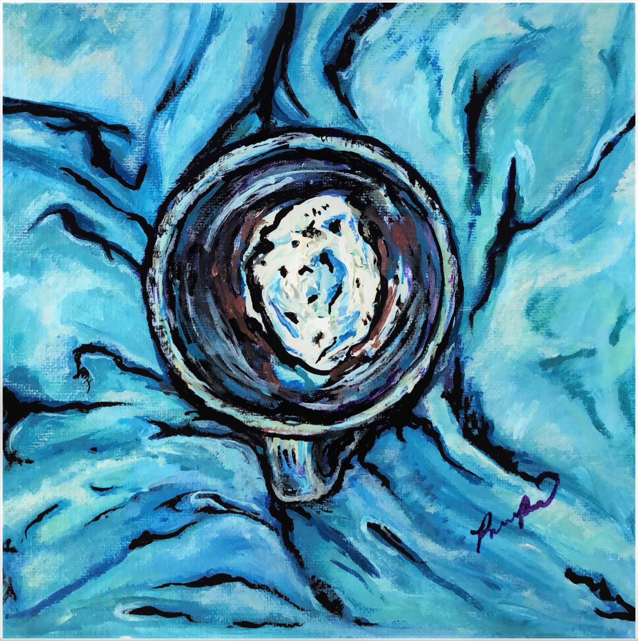 An abstract painting of ice cream featuring a swirling circular pattern in dark brown and black colors, set against a vibrant blue background with hints of purple and turquoise, with a signature in purple in the bottom right corner.