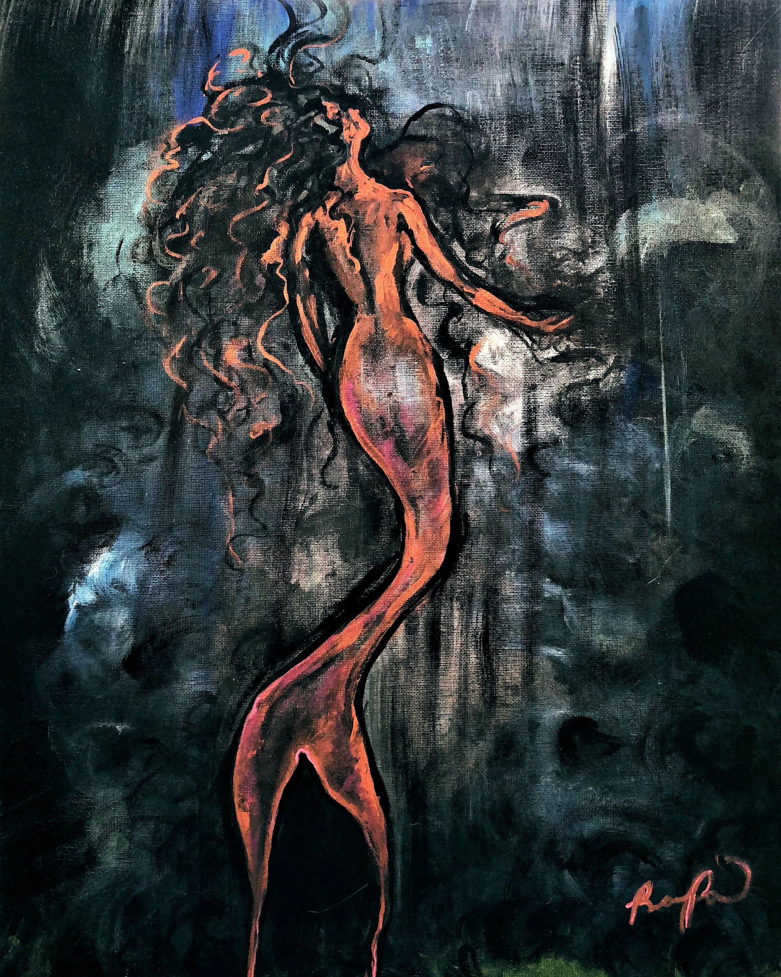 Abstract painting of a mermaid with flowing hair in shades of black, pink, and orange, with a dark, textured background.