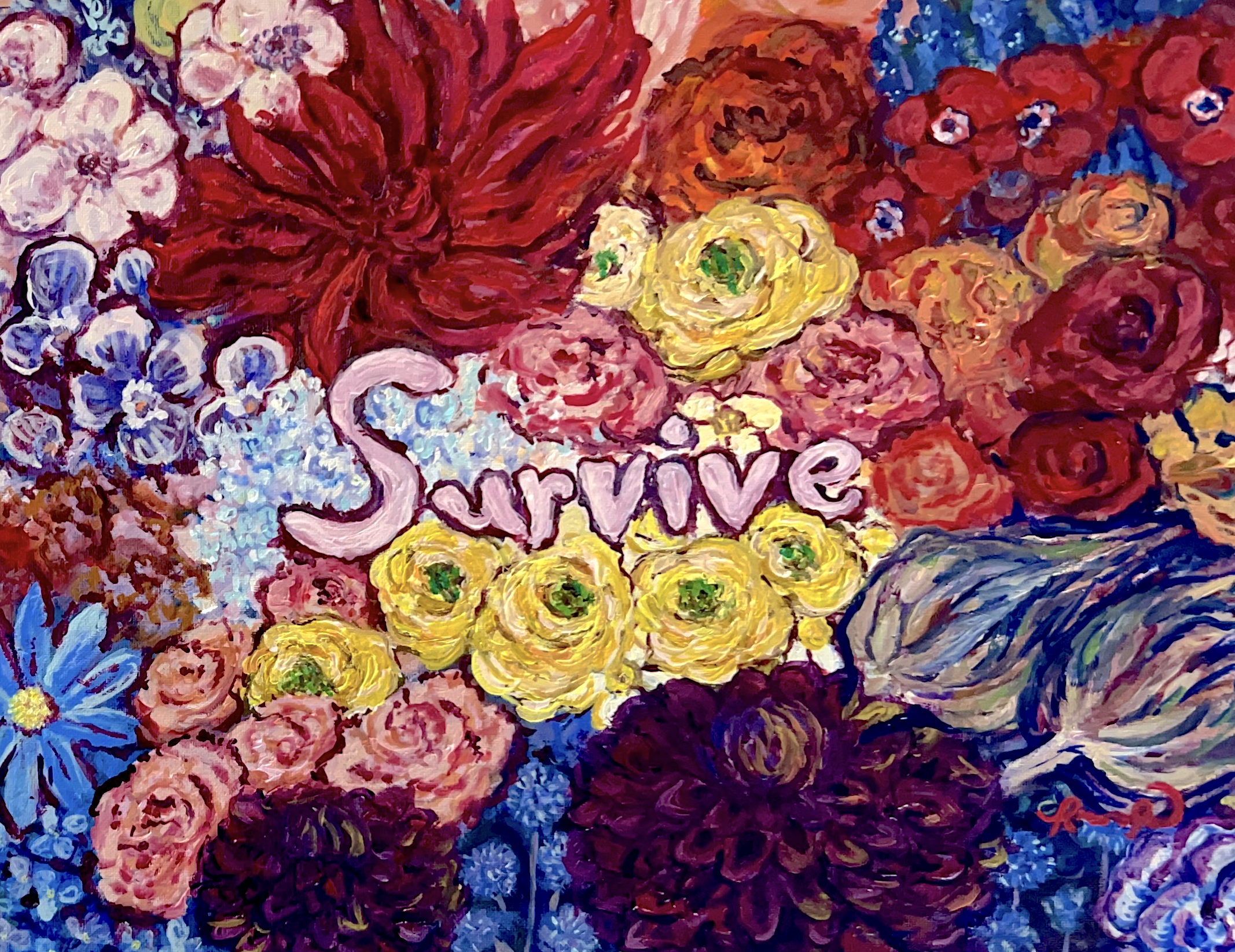 A colorful floral painting featuring various flowers like roses, lilies, and other blossoms in shades of red, pink, yellow, and purple, with the words 'Survival' written amid the flowers.