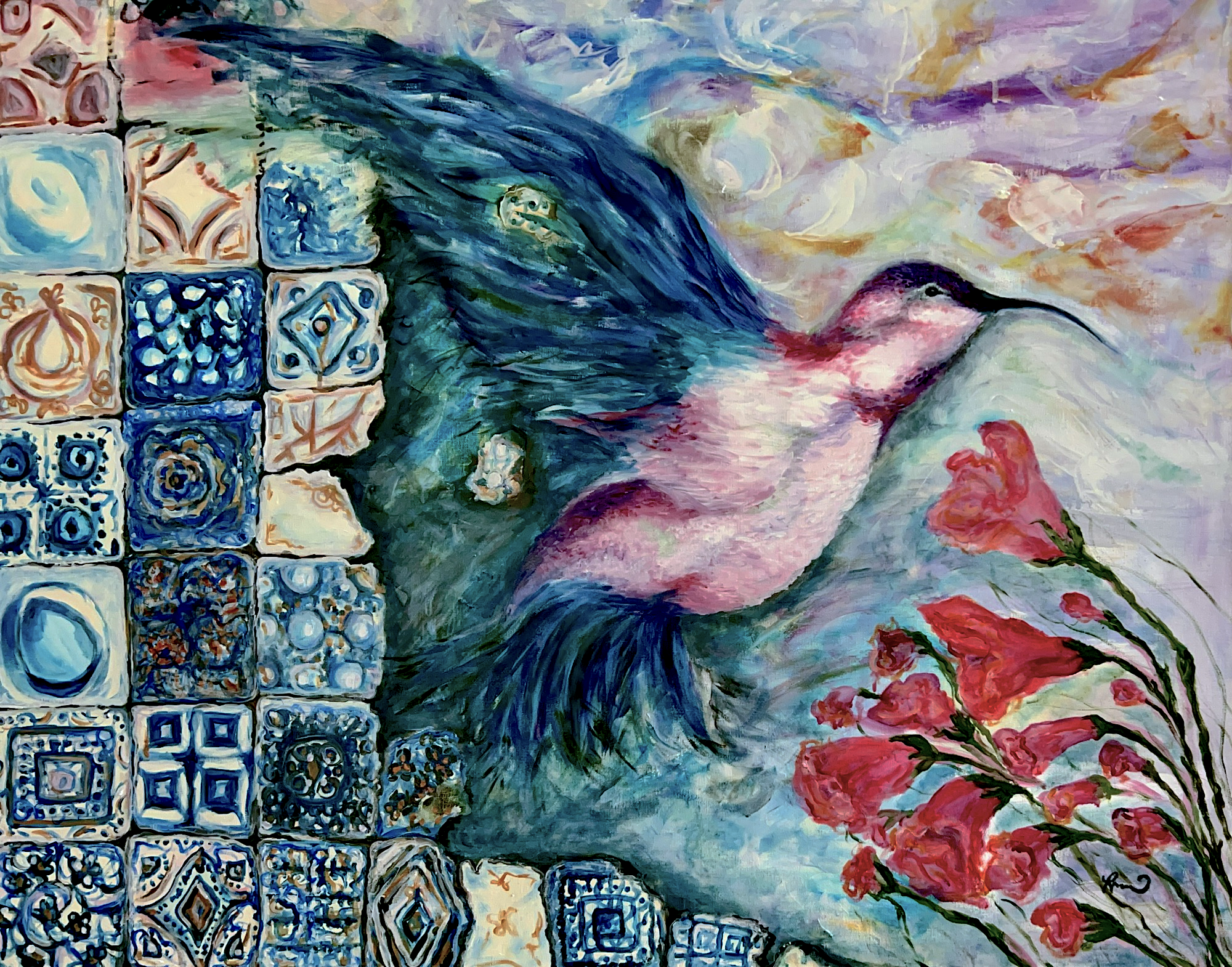 Colorful painting of a peacock with its tail feathers extended, next to a cluster of pink flowers, against a background of pastel clouds and an ornate wall with blue and white patterns.