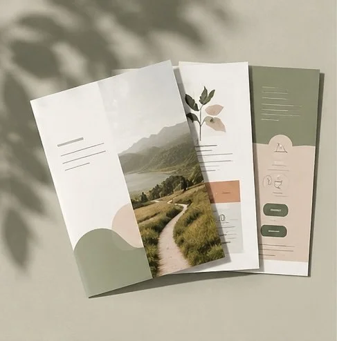 Three unfolded brochures with nature and landscape themes, featuring a mountain lake, a winding path, and minimalist icons.