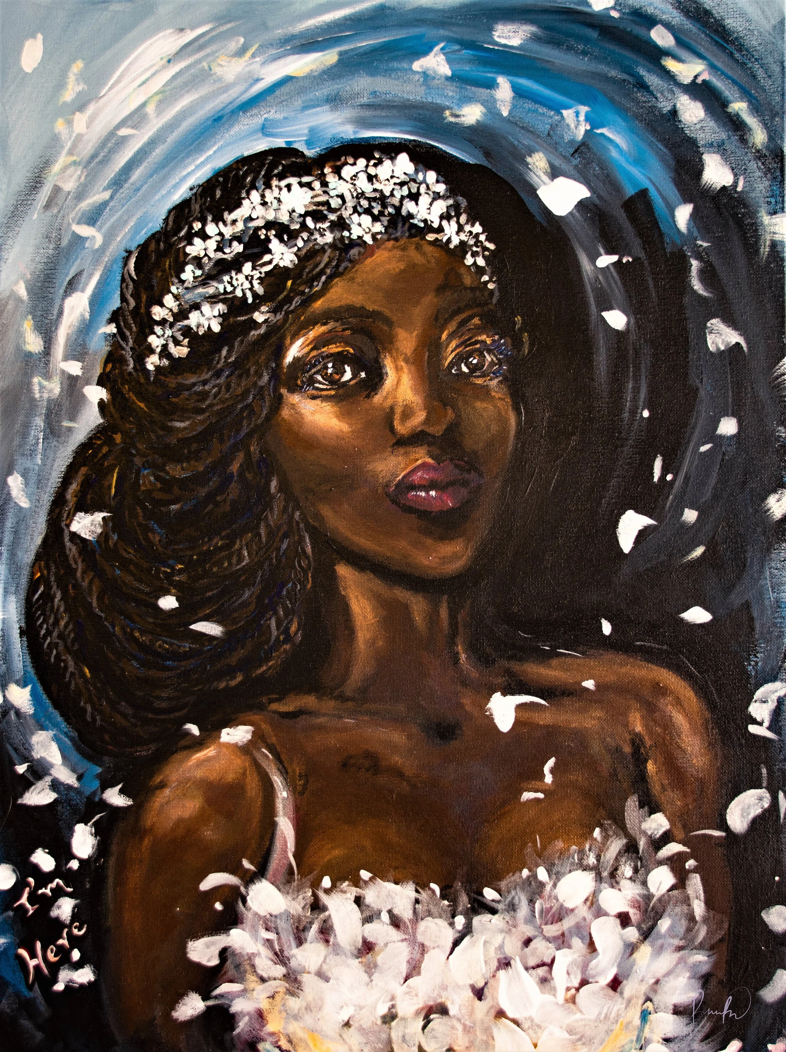 Painting of a black woman with long braids, white flowers, and expressive eyes, surrounded by swirling blue and white colors with white petals falling around her. Black female artists in Denver