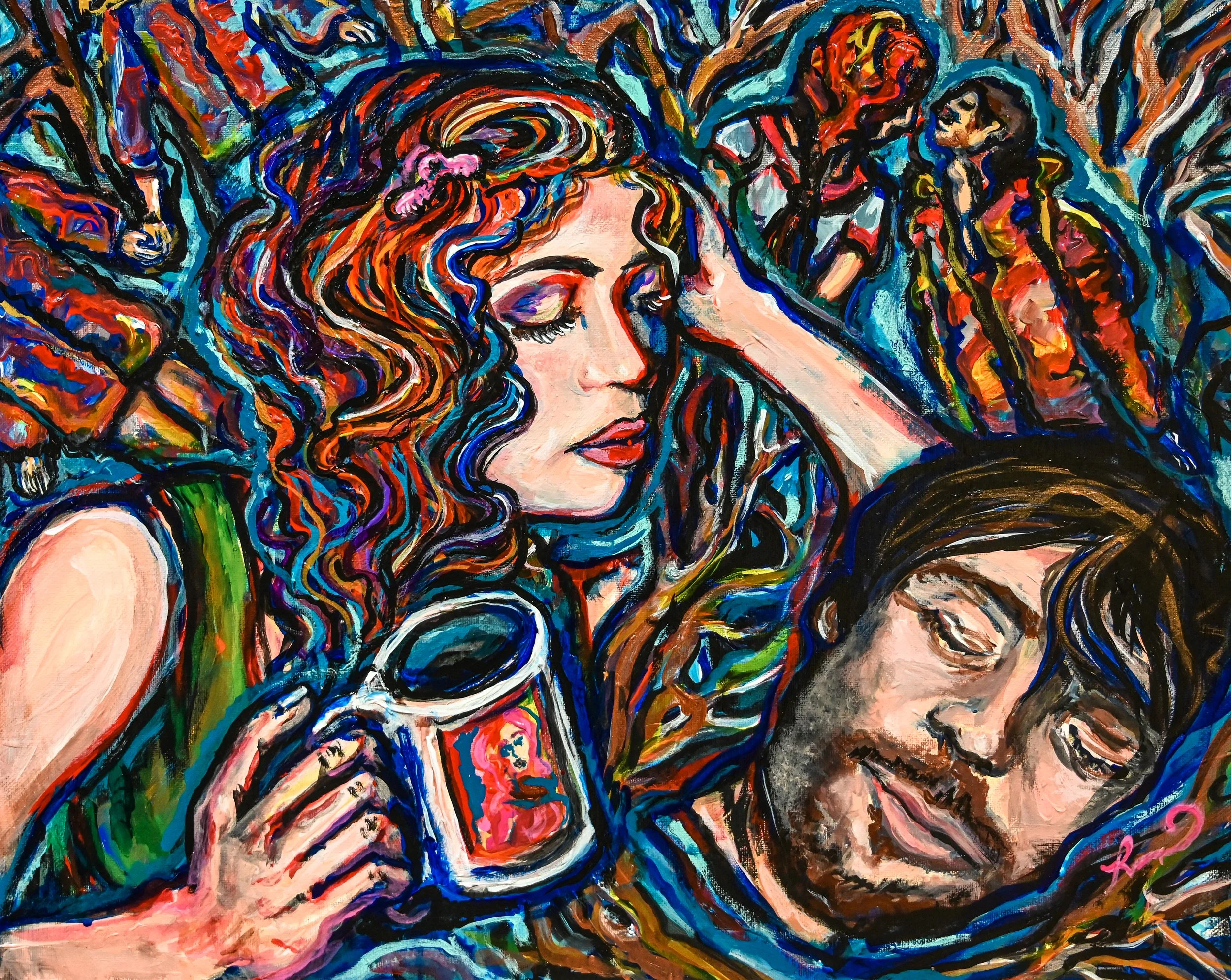 An abstract painting of a woman with curly hair, closed eyes, and lips holding a cigarette, surrounded by vibrant colors and expressive brushstrokes. Eternal Sunshine of the Spotless Mind painting