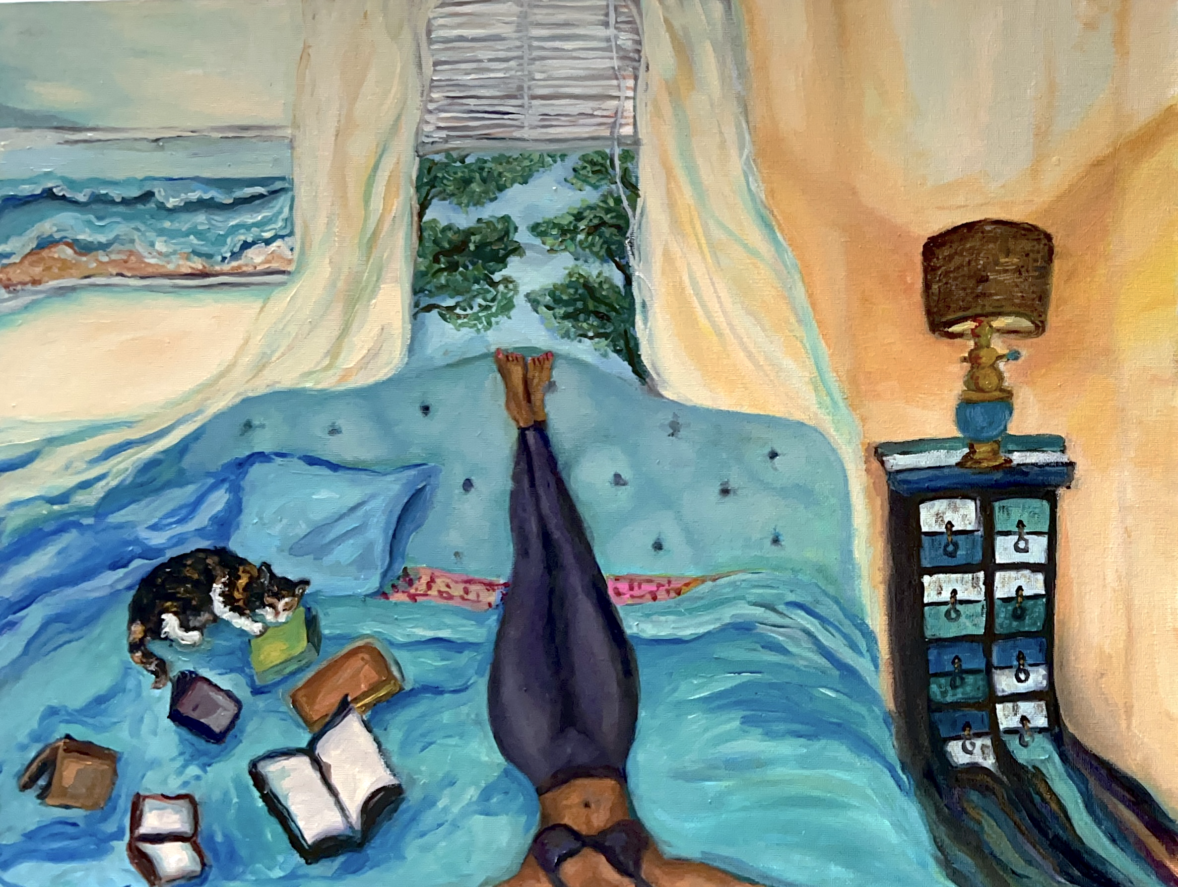 A painting of a person lying on a blue bed, playing with dominoes, with a window showing trees and a sky in the background, and a lamp on a bedside table.