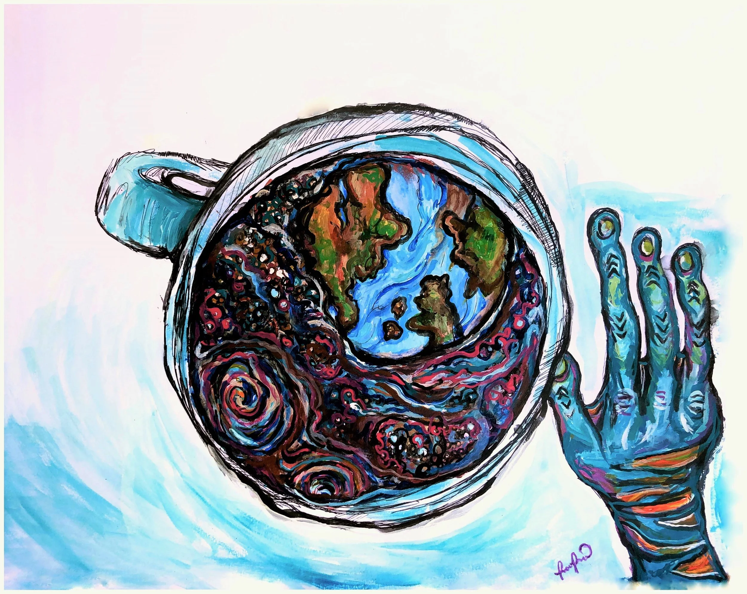 Drawing of an alien hand holding a small globe with a swirl pattern, featuring vibrant colors like blue, green, brown, and red, against a light blue background.
