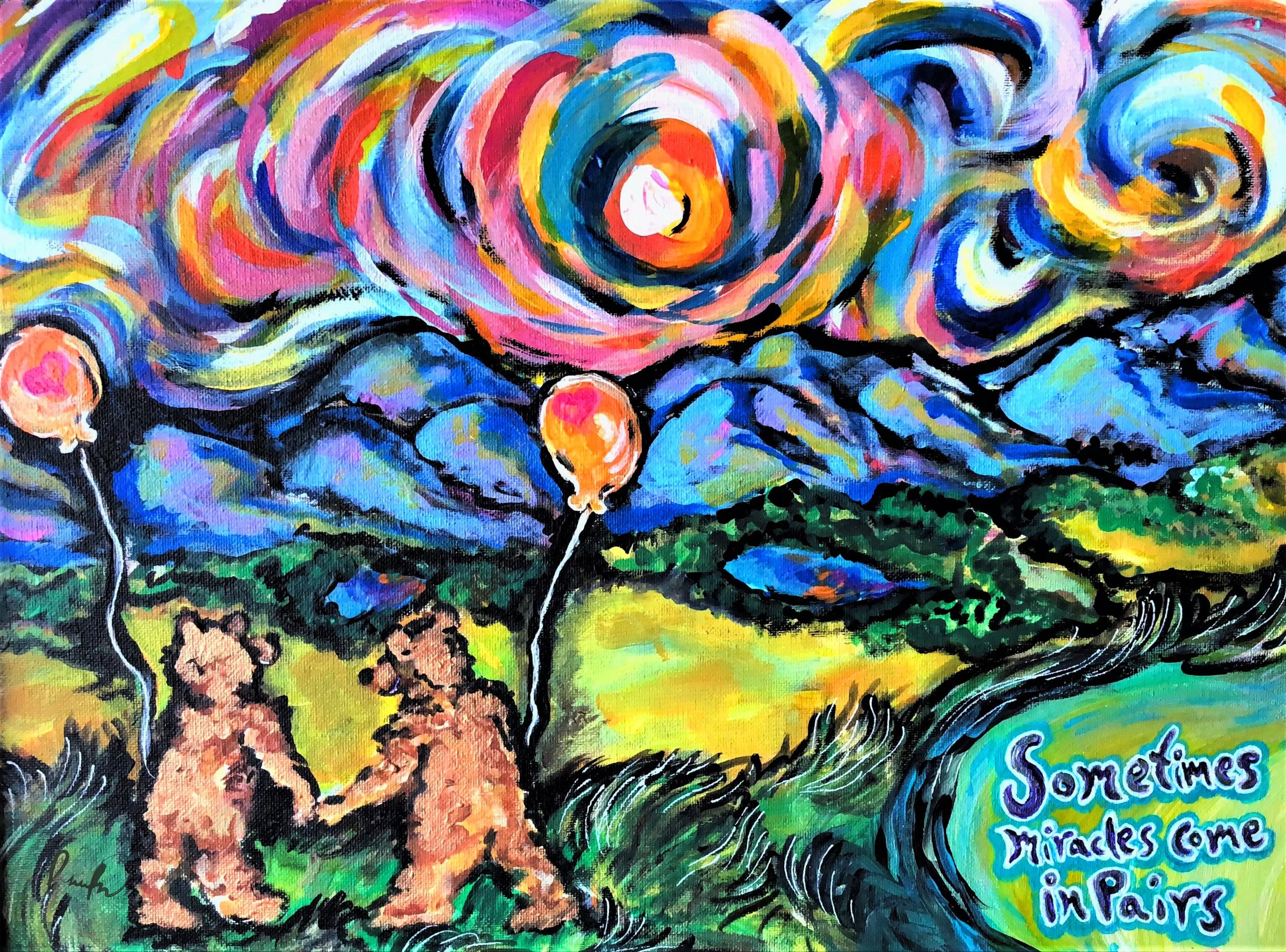 A vibrant abstract painting featuring swirling, colorful patterns with flowers, balloons, and hills, along with a quote about miracles coming in many forms.
