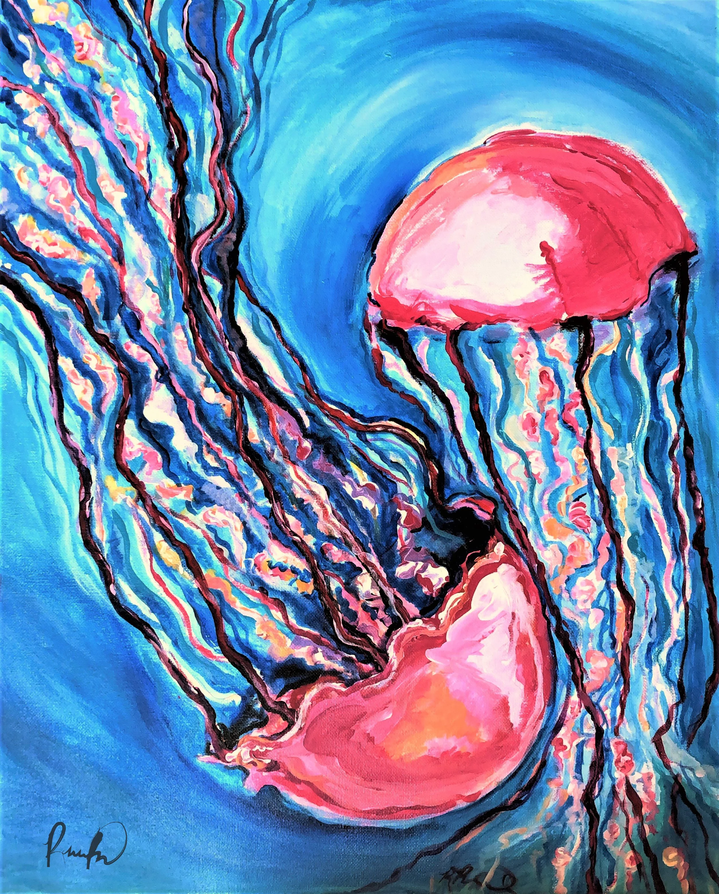 A vibrant abstract painting with swirling blue background, pink and red organic shapes, and streaks of black and multicolored lines representing coral or marine life.