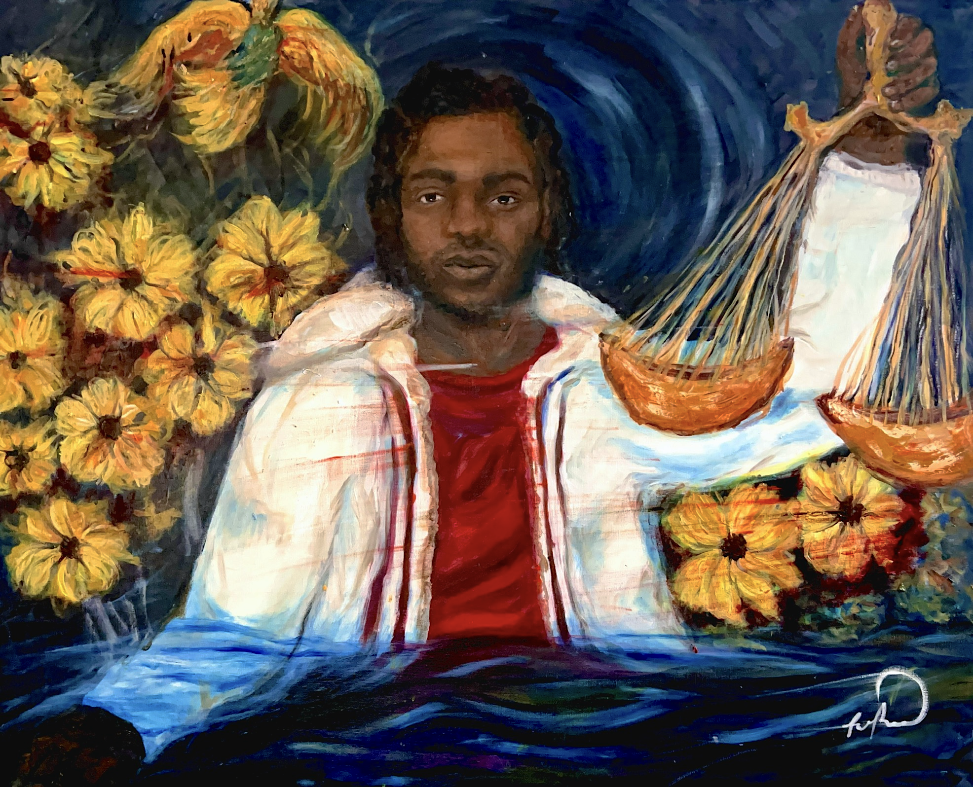 A portrait of a young man with dark skin and black hair, surrounded by yellow flowers on the left and a painter's palette on the right, painted in an Impressionist style with vibrant brushstrokes. Black Art, Kendrick Lamar Paintings