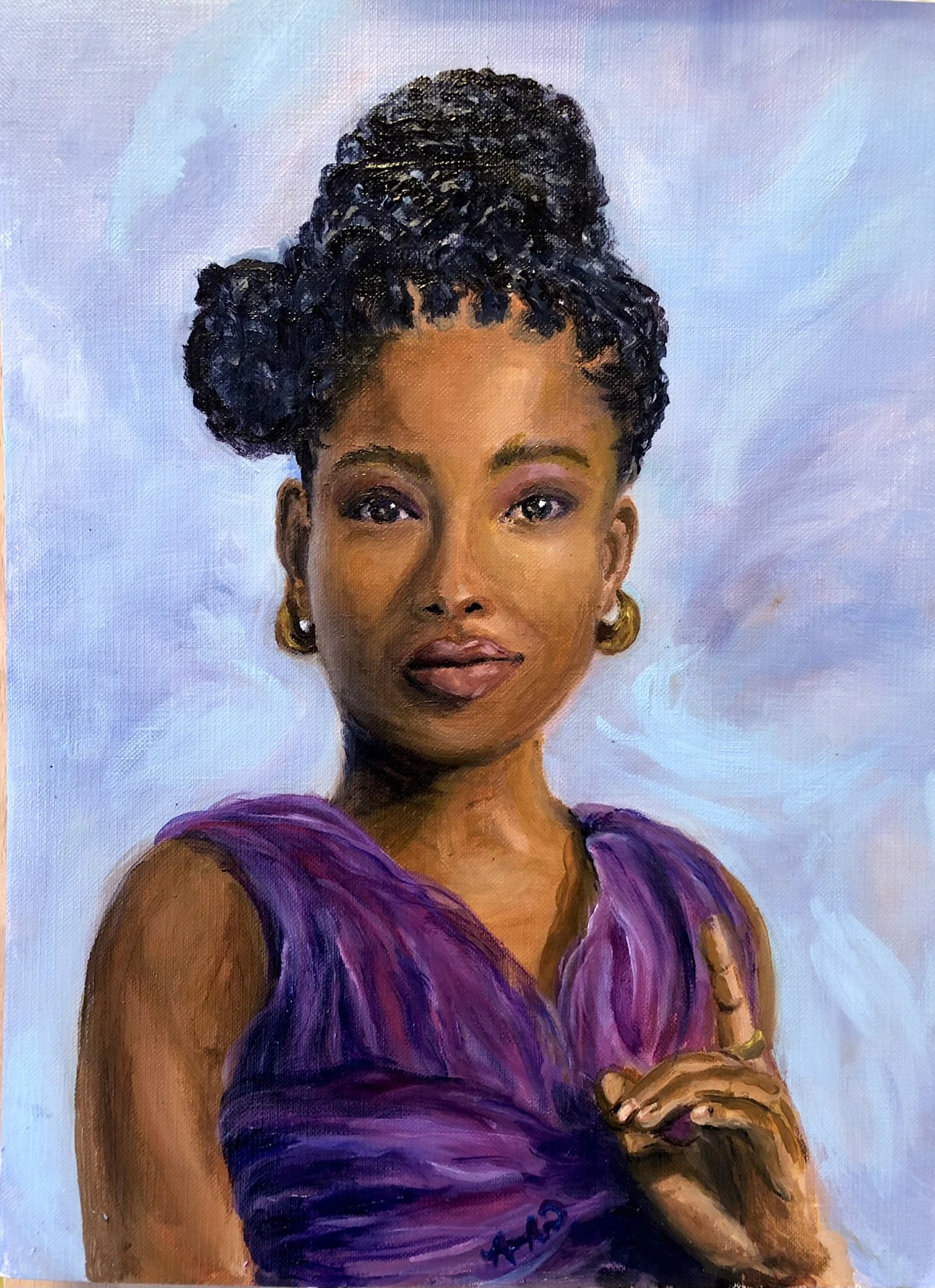 Painting of a woman with dark, textured hair styled in an updo, wearing a purple dress and gold jewelry, against a light background. Black woman art, African American Artists in Denver