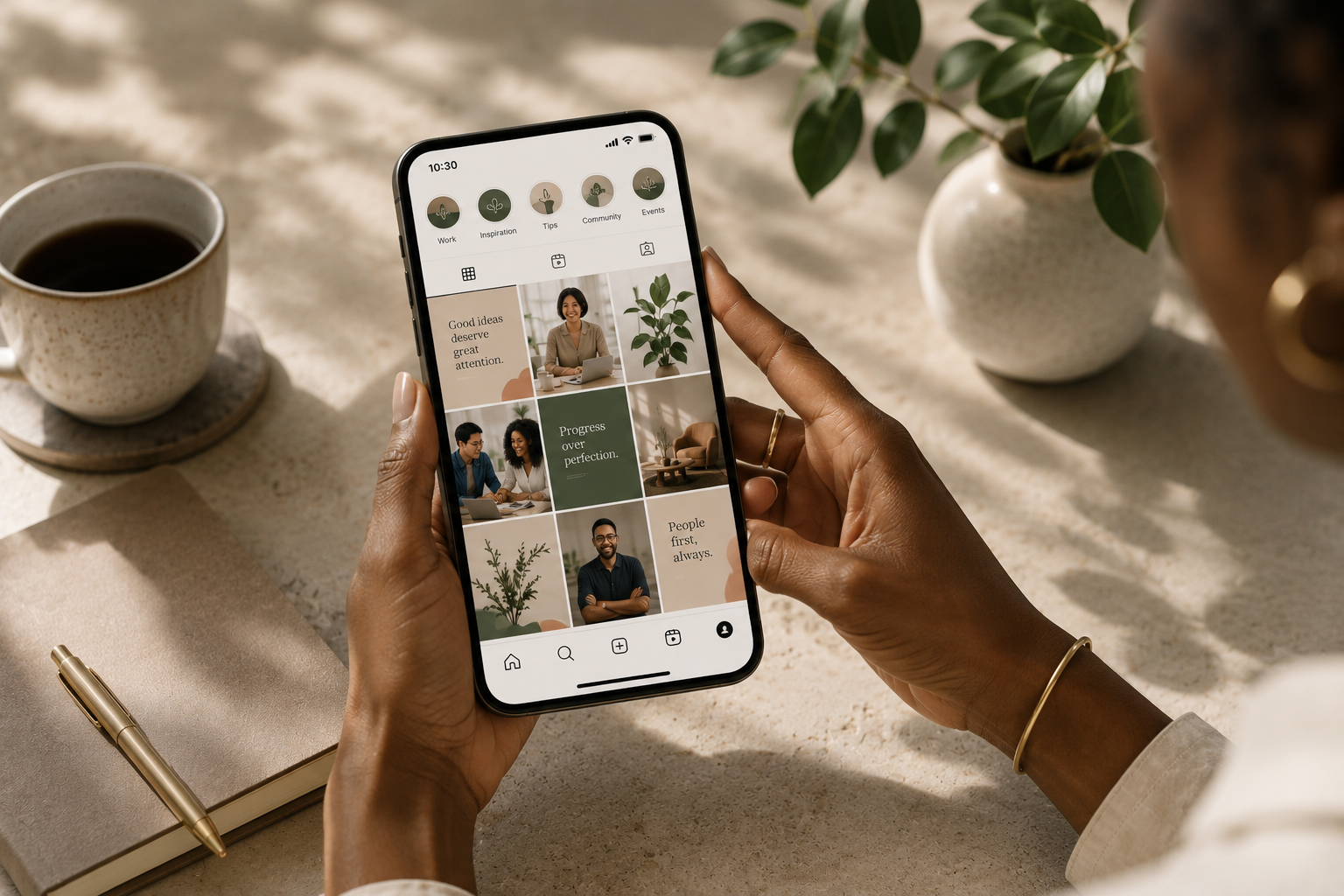 A person holding a smartphone displaying an Instagram profile with images of people, plants, and motivational quotes. The scene includes a mug of coffee, a notepad with a gold pen, and two potted plants on a beige surface.