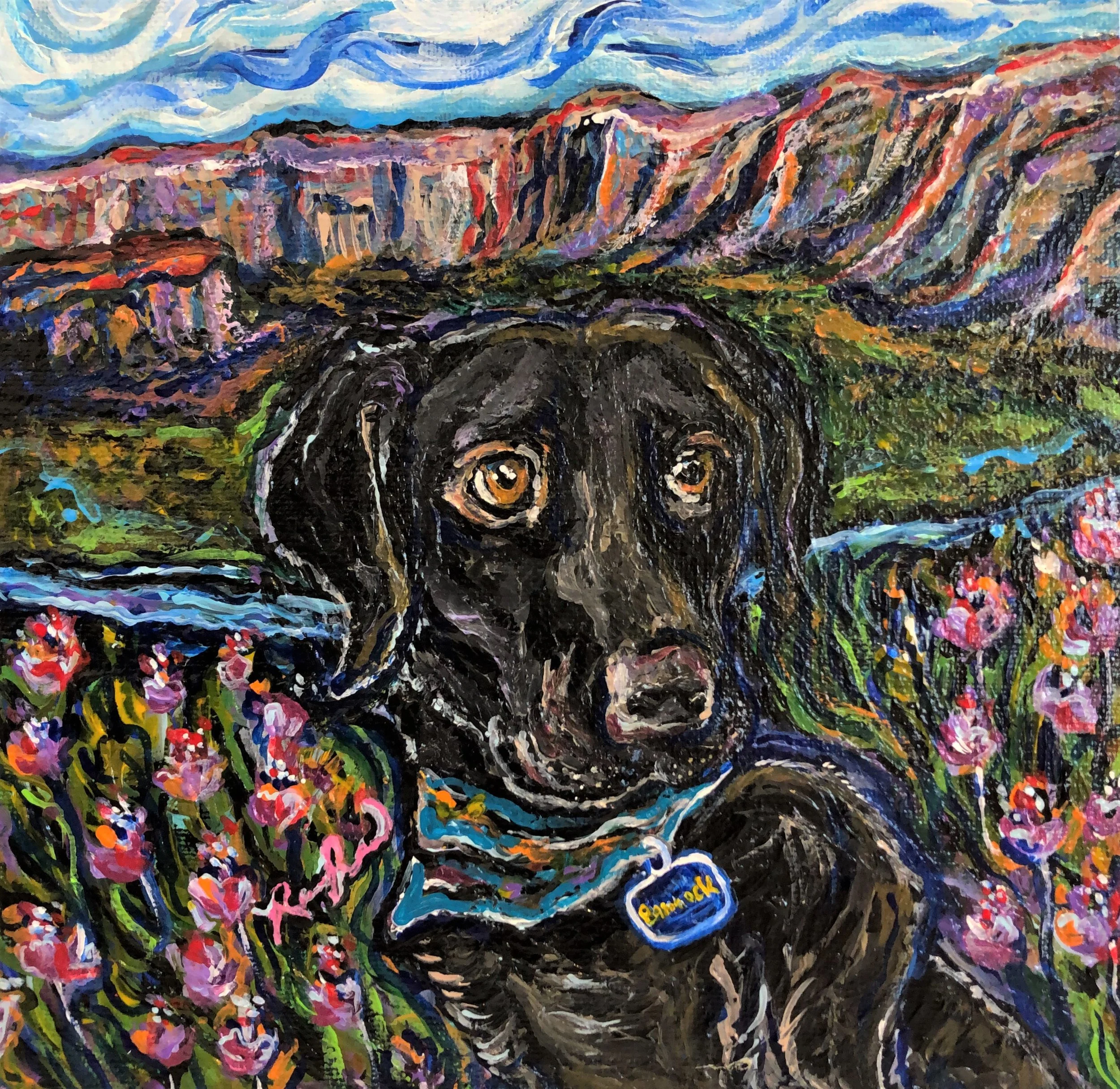 Expressionist painting of a dog with amber eyes and a colorful background of swirls and flowers.