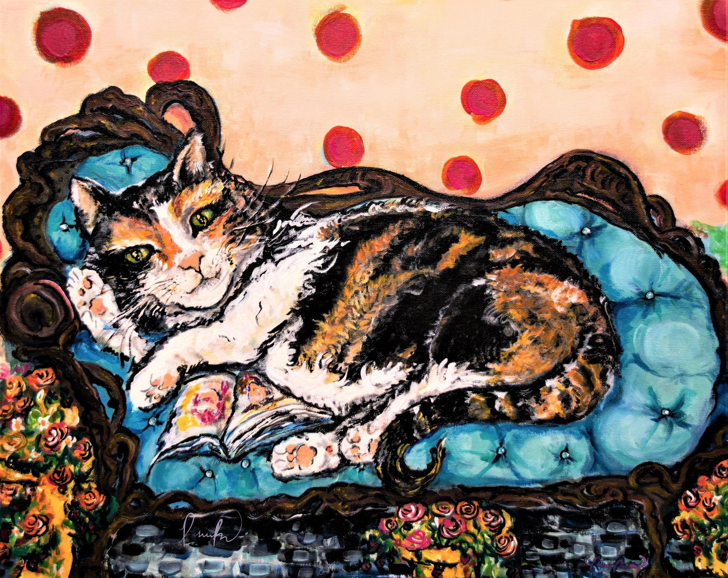 Painting of a tabby cat lying on a blue pillow with a colorful floral background and red circles in the sky.