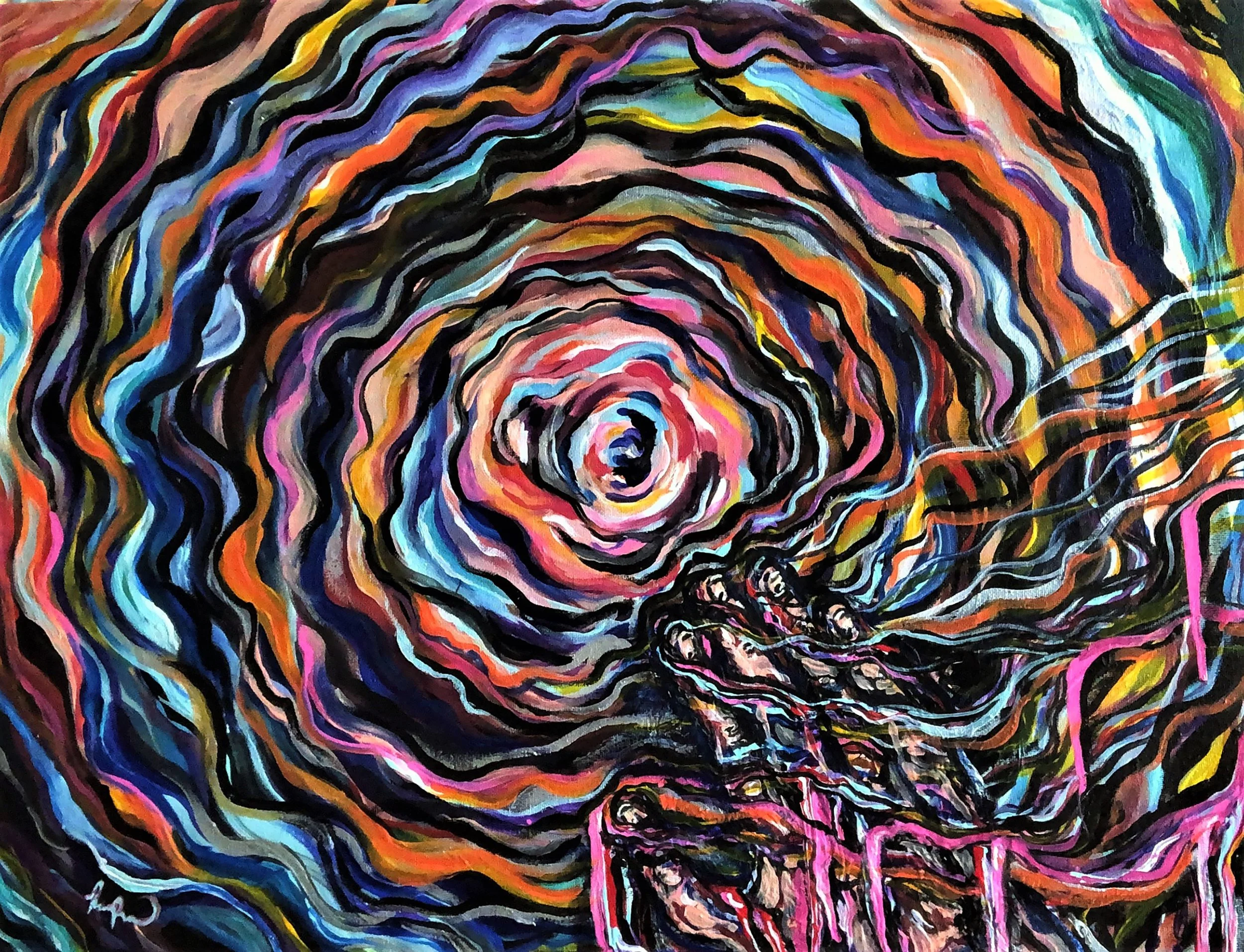 Colorful abstract painting with swirling, concentric lines in shades of pink, purple, orange, blue, yellow, green, black, and white creating a vortex effect.