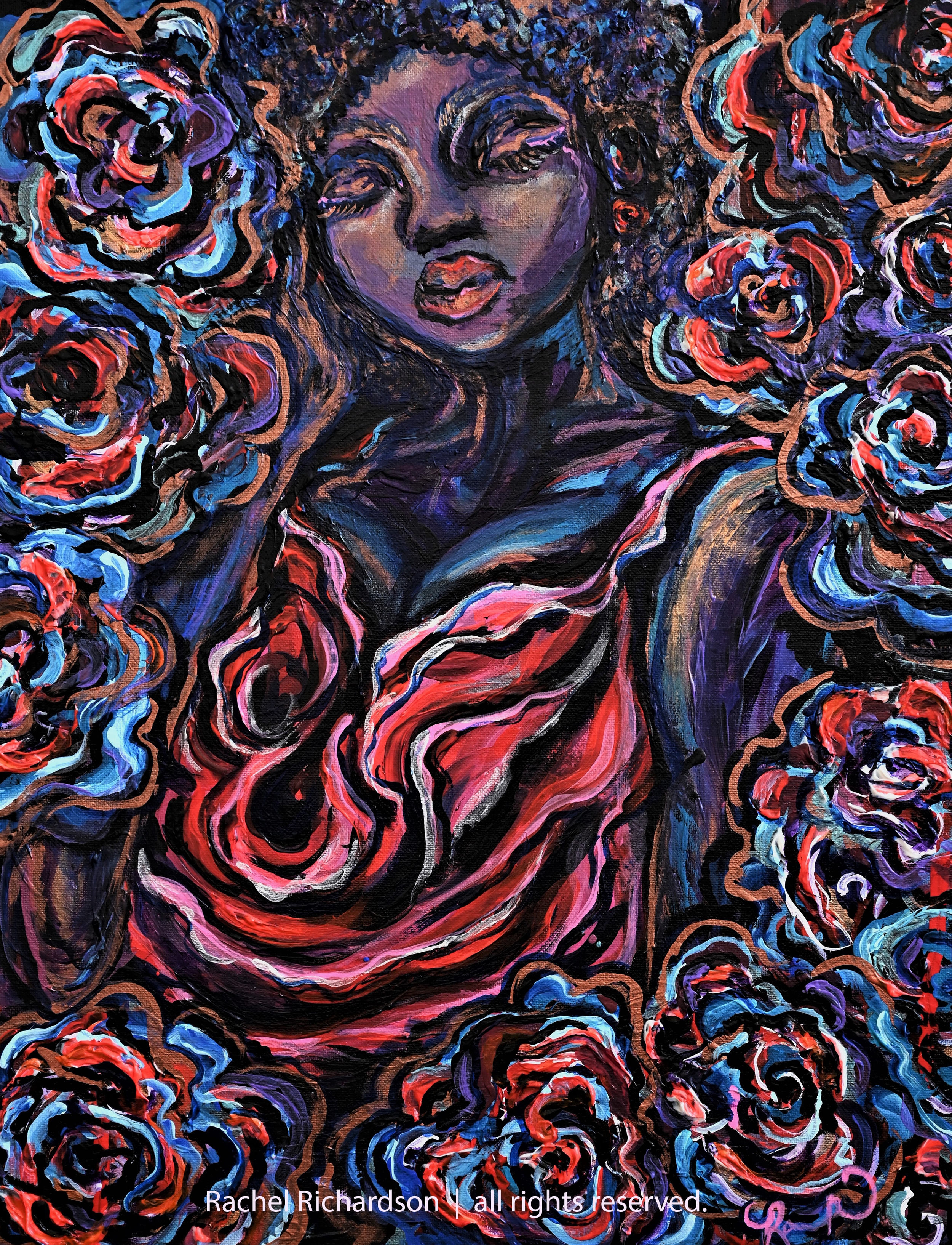 A colorful abstract painting of a black woman with her eyes closed, surrounded by swirling roses in vibrant red, purple, blue, and black hues. Black painters in Denver, black female artists, portraits of African American women.