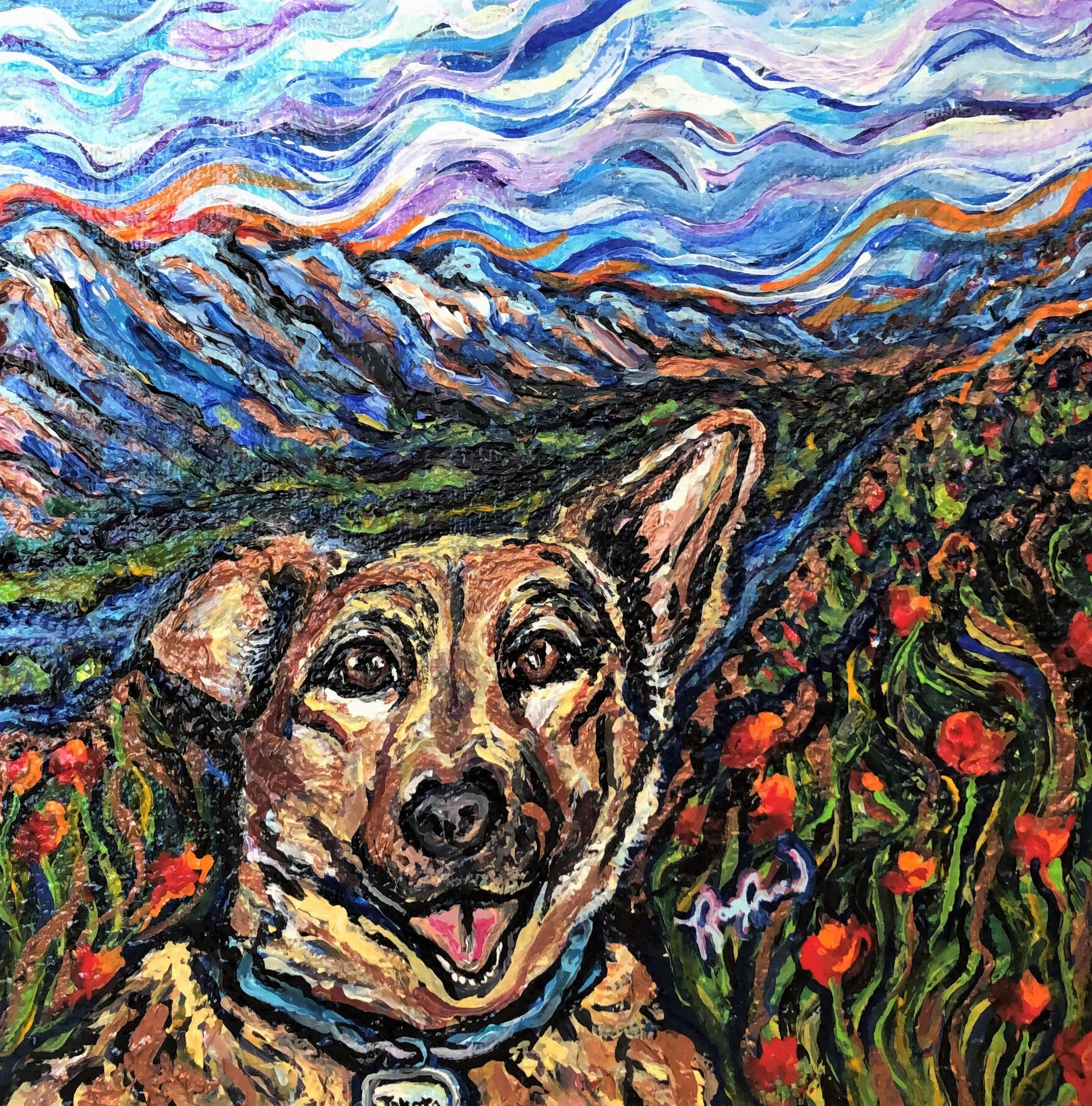 A colorful impressionist painting of a dog against a mountain landscape with swirling patterns in blue, purple, orange, and black, representing mountains, sky, and vegetation.