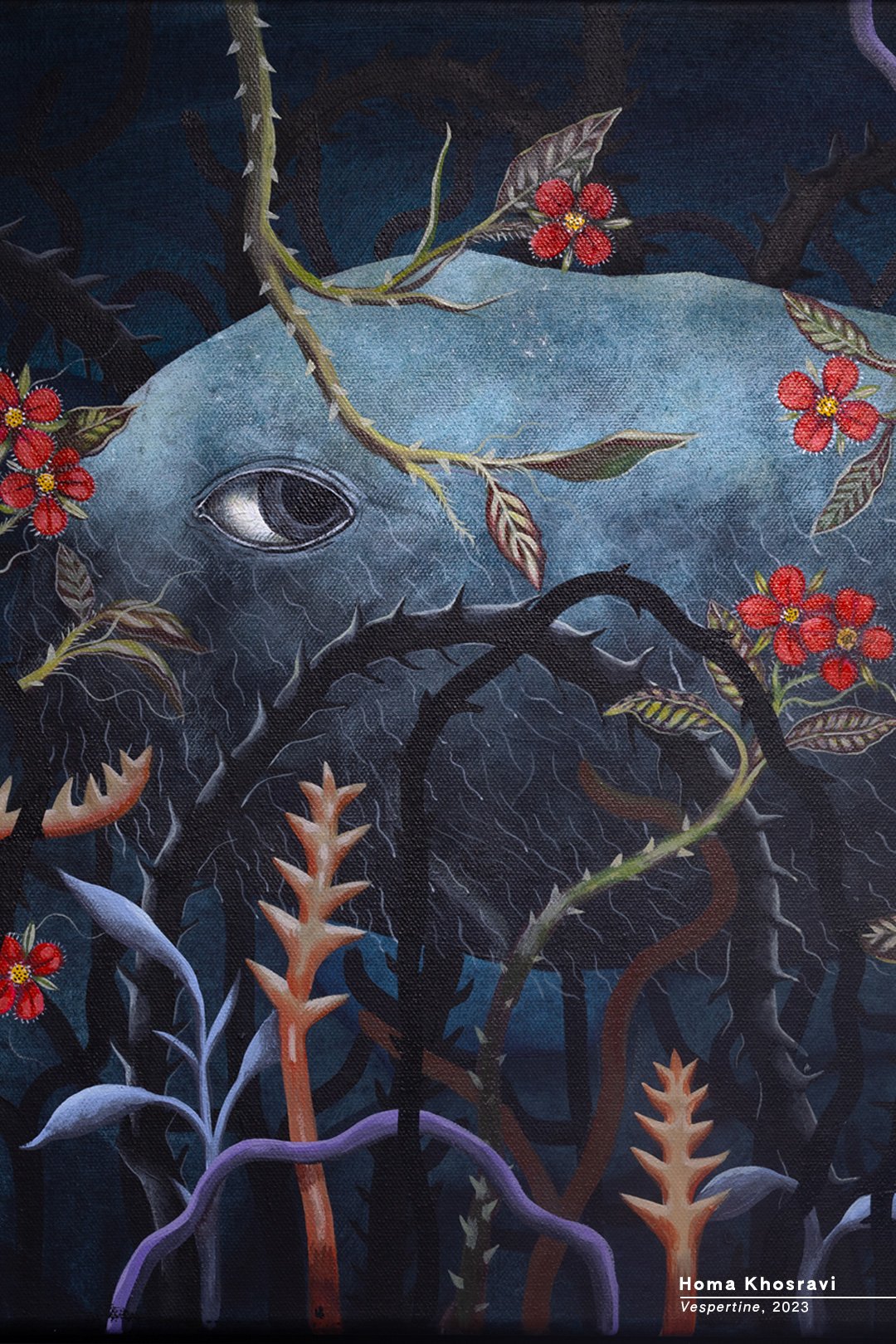 A surreal painting of a large, pale blue whale submerged among dark, twisting branches and vibrant red flowers, with one eye visible. The scene has a dark, mystical atmosphere.