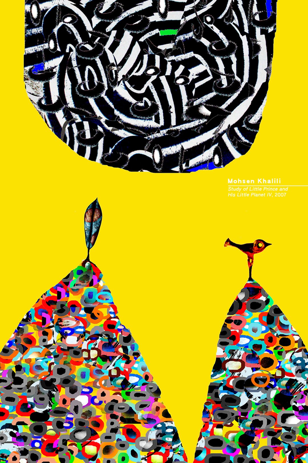 Abstract artwork with a large black and white circular pattern at the top, two colorful mountain-like shapes with small bird figures standing on top of each, set against a yellow background, with text indicating artist Mohsen Khalili and his work.