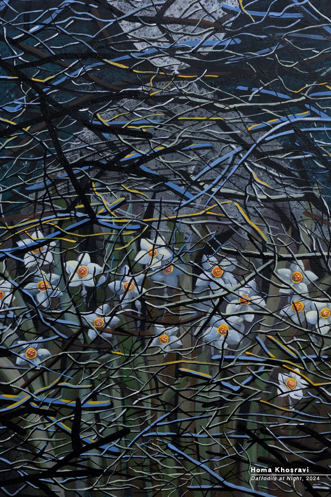 Nighttime painting of a cherry blossom tree with white flowers and orange centers, with a dark sky and thin, dark branches.