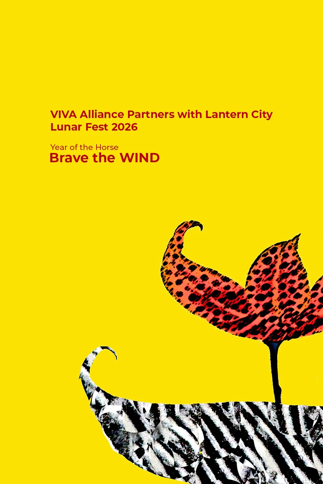 Bright yellow flyer with red text announcing VIVA Alliance's partnership with Lantern City Lunar Fest 2026, featuring an illustration of a leopard print elephant with a red leopard print leaf on its back.