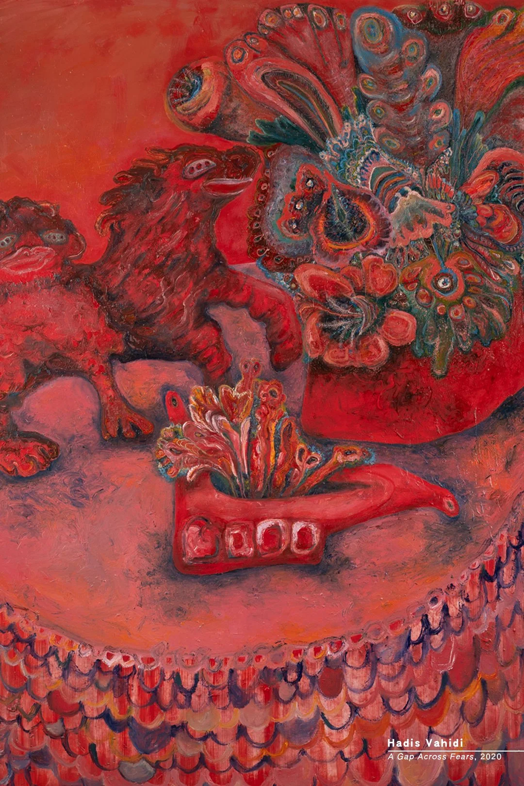 An abstract painting with red, pink, purple, and blue hues, featuring a red hen, a colorful peacock, and a rectangular container with plant-like forms emerging from it, all placed on a textured red background with patterned borders.