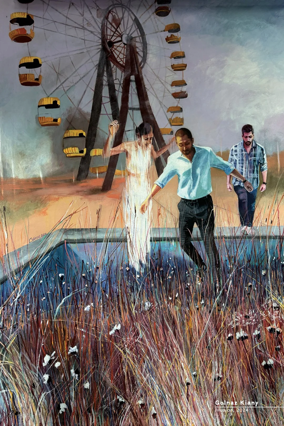 A mural depicting three people near a Ferris wheel, with their feet immersed in a puddle, and wheat in the foreground. One person appears to be very hot or energetic, while the others walk past.